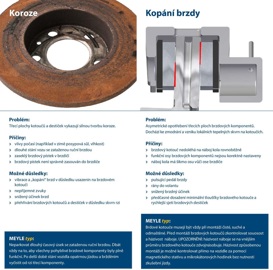 kopání brzd v důsledku usazenin na brzdovém kotouči > nepříjemné zvuky > snížený účinek brzd > přehřívání brzdových kotoučů a destiček v důsledku skvrn rzi Asymetrické opotřebení třecích ploch