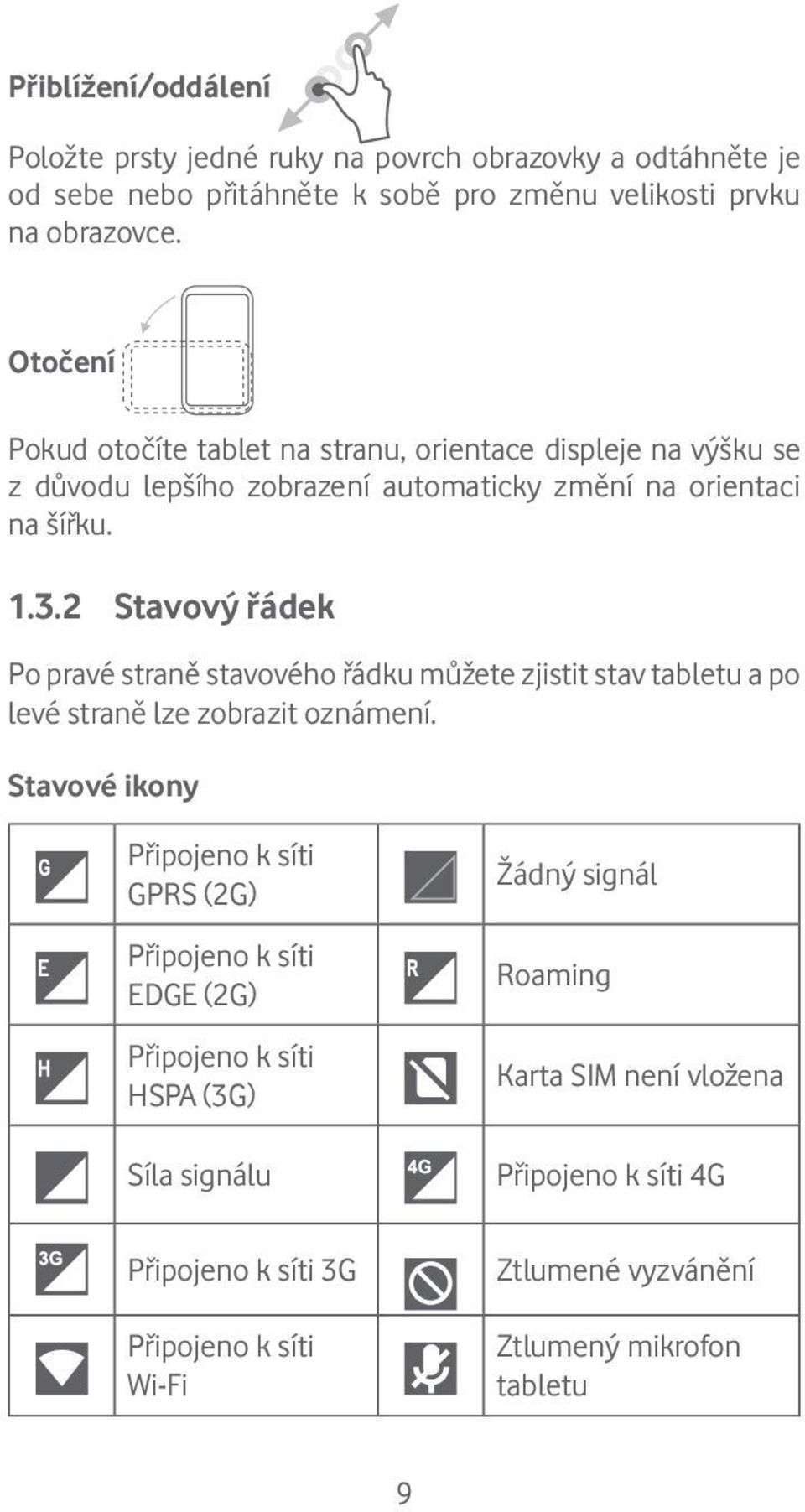 2 Stavový řádek Po pravé straně stavového řádku můžete zjistit stav tabletu a po levé straně lze zobrazit oznámení.