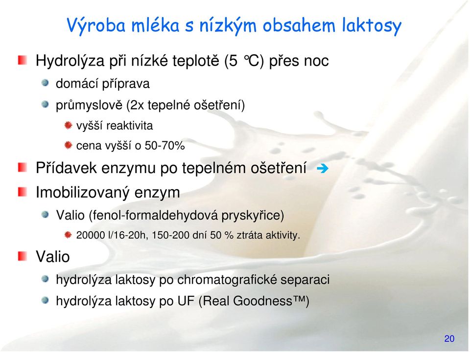 ošetření Imobilizovaný enzym Valio Valio (fenol-formaldehydová pryskyřice) 20000 l/16-20h, 150-200 dní