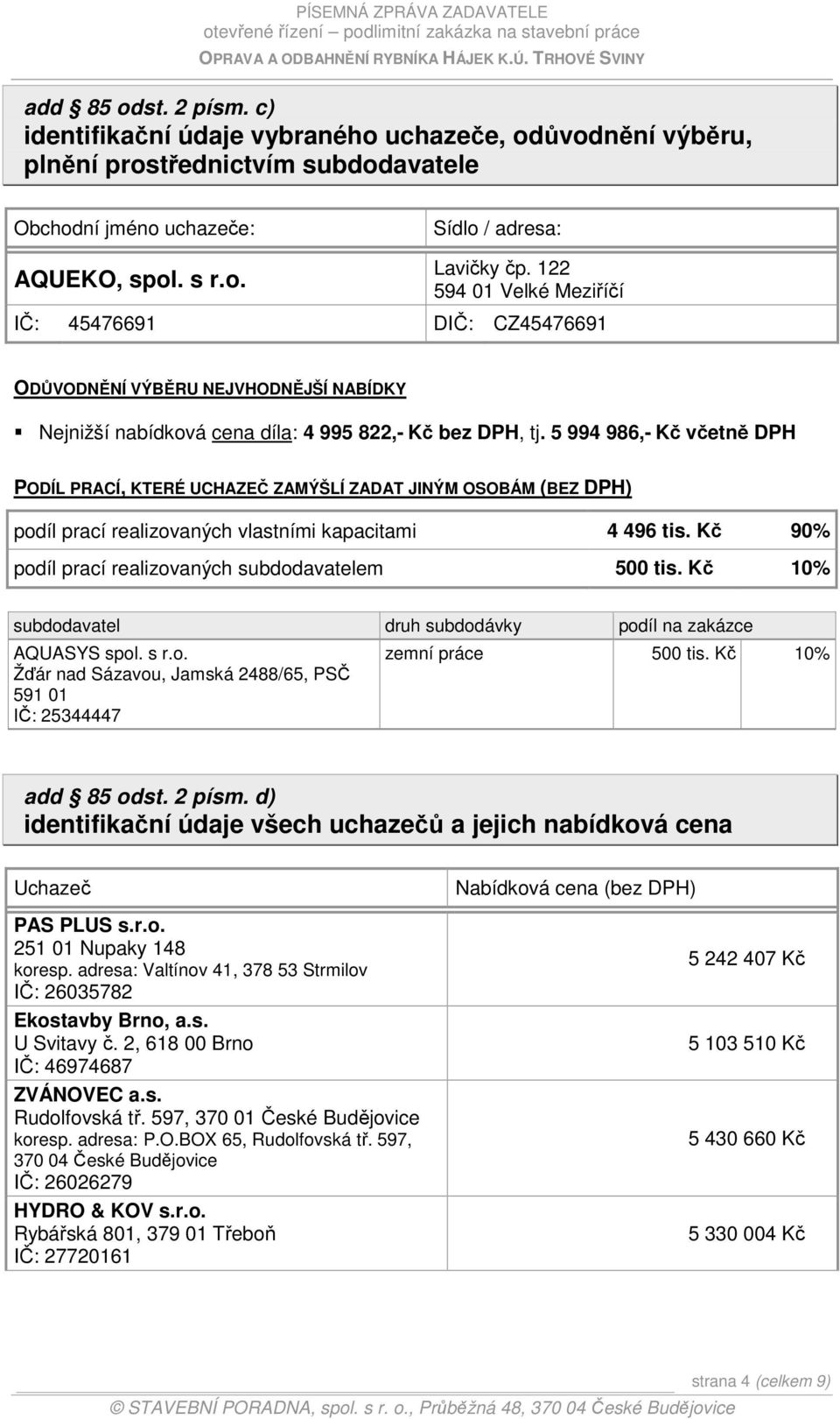 5 994 986,- Kč včetně DPH PODÍL PRACÍ, KTERÉ UCHAZEČ ZAMÝŠLÍ ZADAT JINÝM OSOBÁM (BEZ DPH) podíl prací realizovaných vlastními kapacitami 4 496 tis.