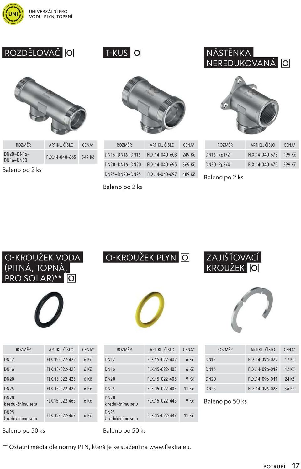 14-040-673 199 Kč DN20 Rp3/4" FLX.14-040-675 299 Kč Baleno po 2 ks O-KROUŽEK VODA (PITNÁ, TOPNÁ, PRO SOLAR)** O-KROUŽEK PLYN ZAJIŠŤOVACÍ KROUŽEK ROZMĚR ARTIKL. ČÍSLO CENA* DN12 FLX.