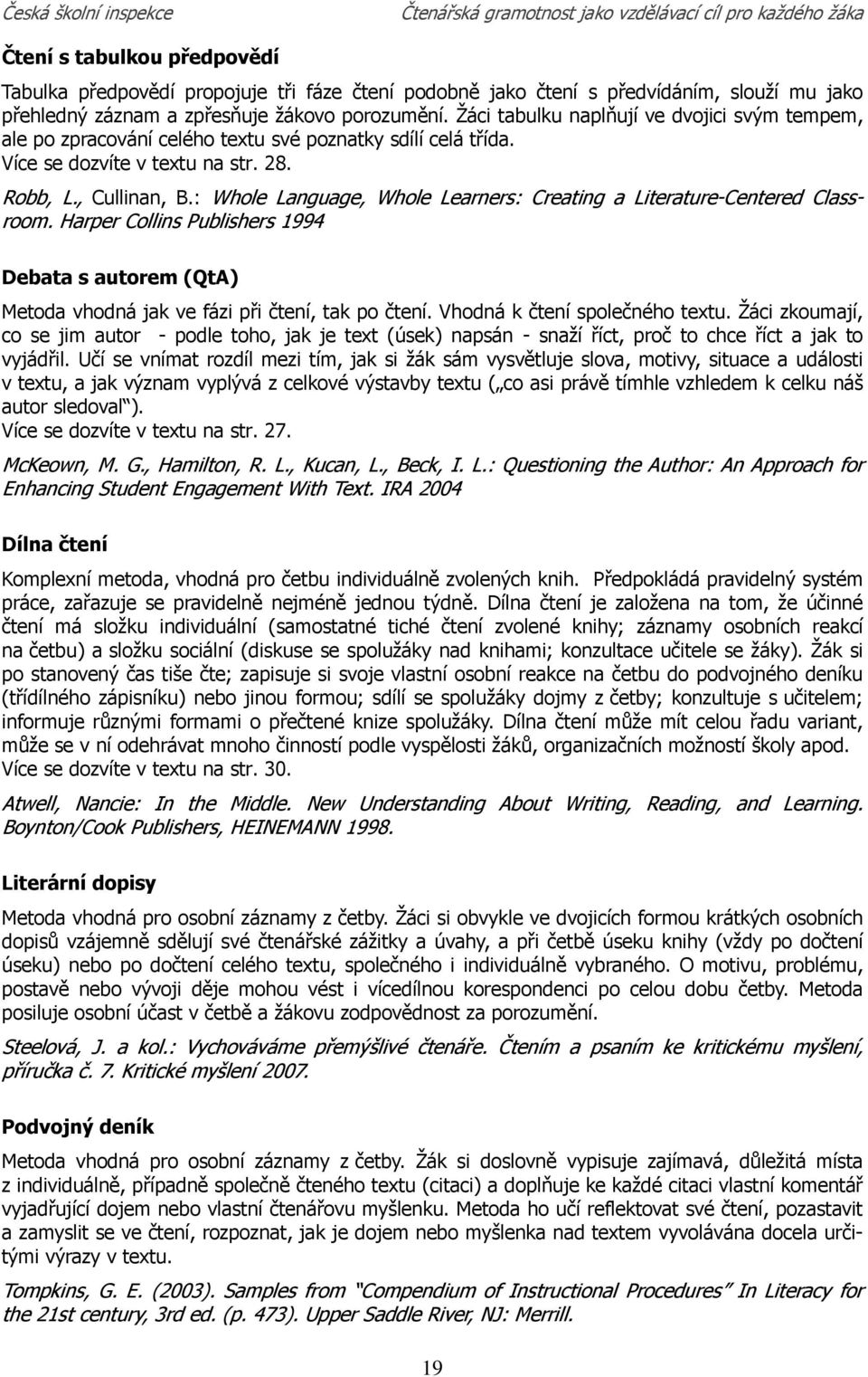 : Whole Language, Whole Learners: Creating a Literature-Centered Classroom. Harper Collins Publishers 1994 Debata s autorem (QtA) Metoda vhodná jak ve fázi při čtení, tak po čtení.