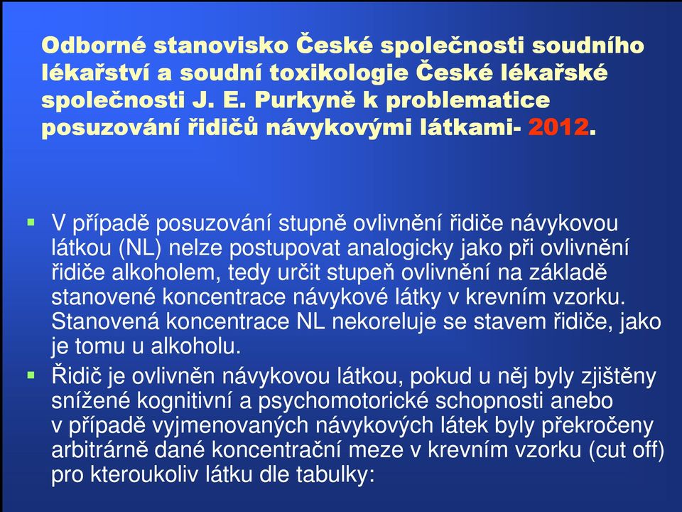 koncentrace návykové látky v krevním vzorku. Stanovená koncentrace NL nekoreluje se stavem řidiče, jako je tomu u alkoholu.