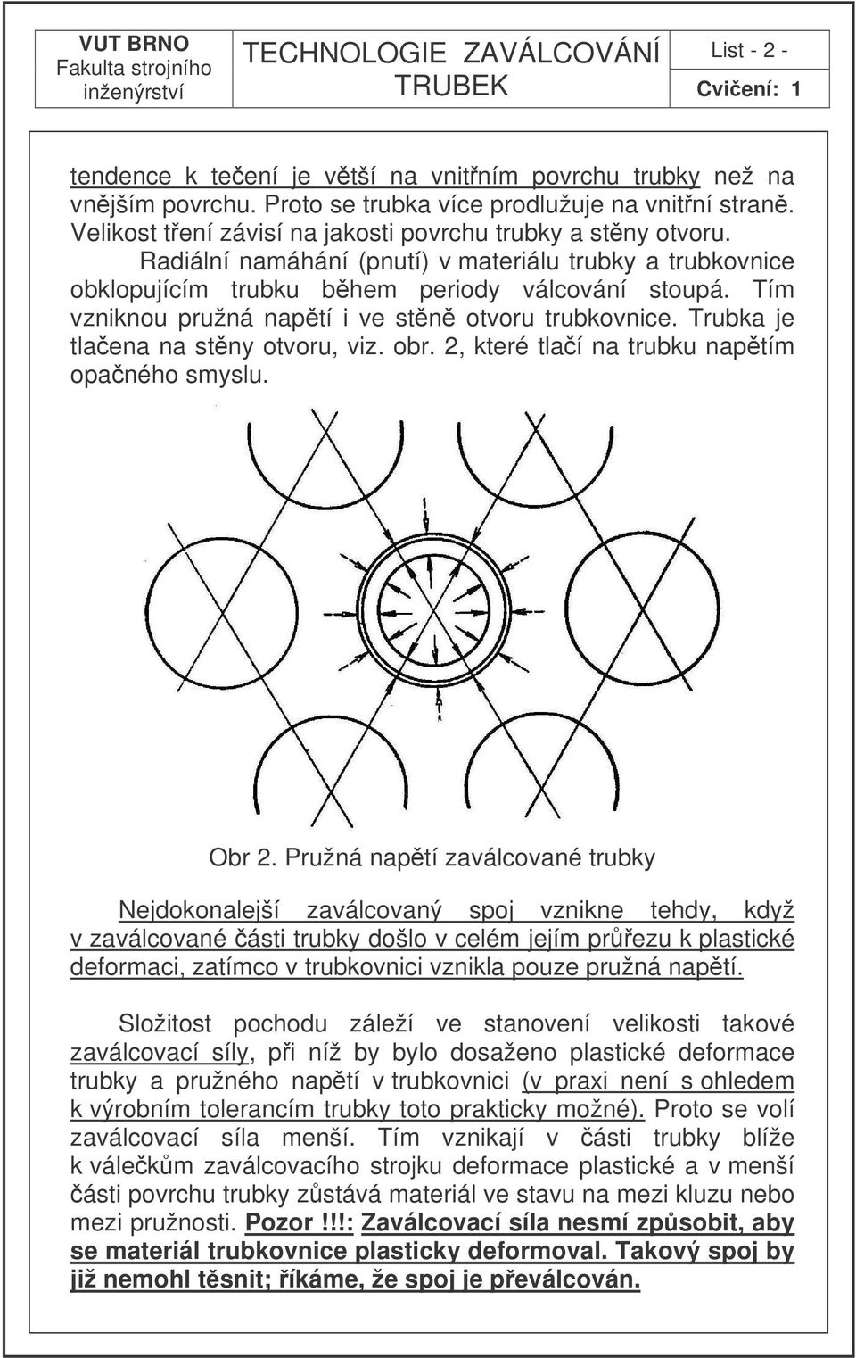 Trubka je tlaena na stny otvoru, viz. obr. 2, které tlaí na trubku naptím opaného smyslu. Obr 2.