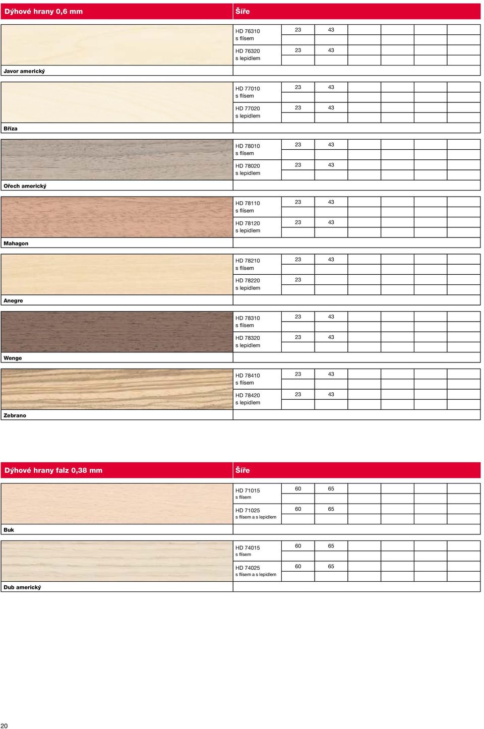 lepidlem 23 43 23 Anegre HD 78310 s flísem HD 78320 s lepidlem 23 43 23 43 Wenge HD 78410 s flísem HD 78420 s lepidlem 23 43 23 43 Zebrano Dýhové