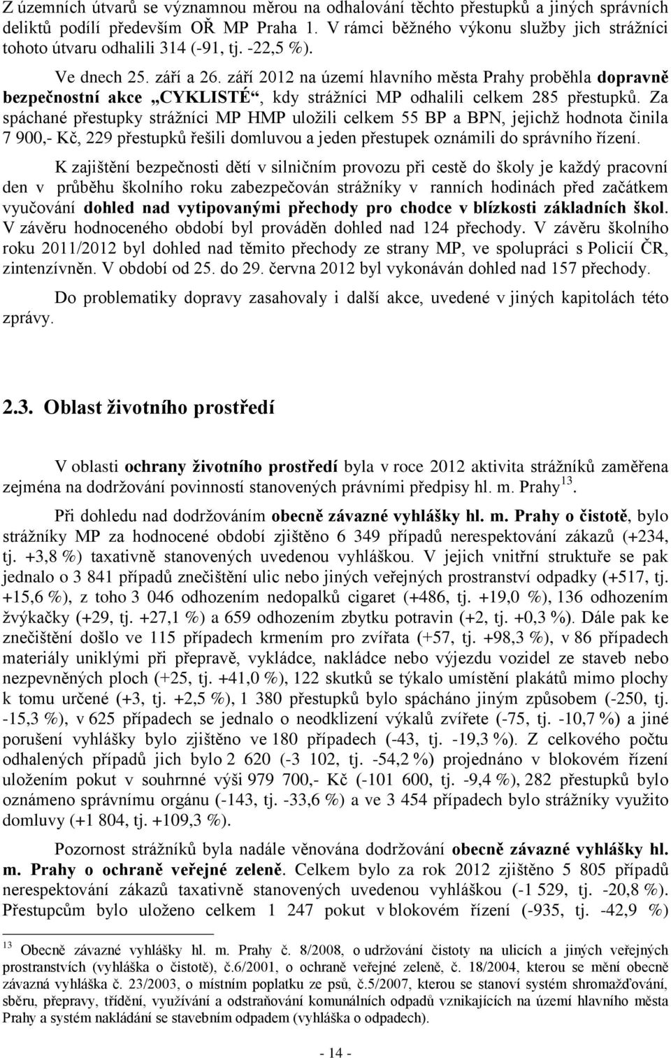 září 2012 na území hlavního města Prahy proběhla dopravně bezpečnostní akce CYKLISTÉ, kdy strážníci MP odhalili celkem 285 přestupků.