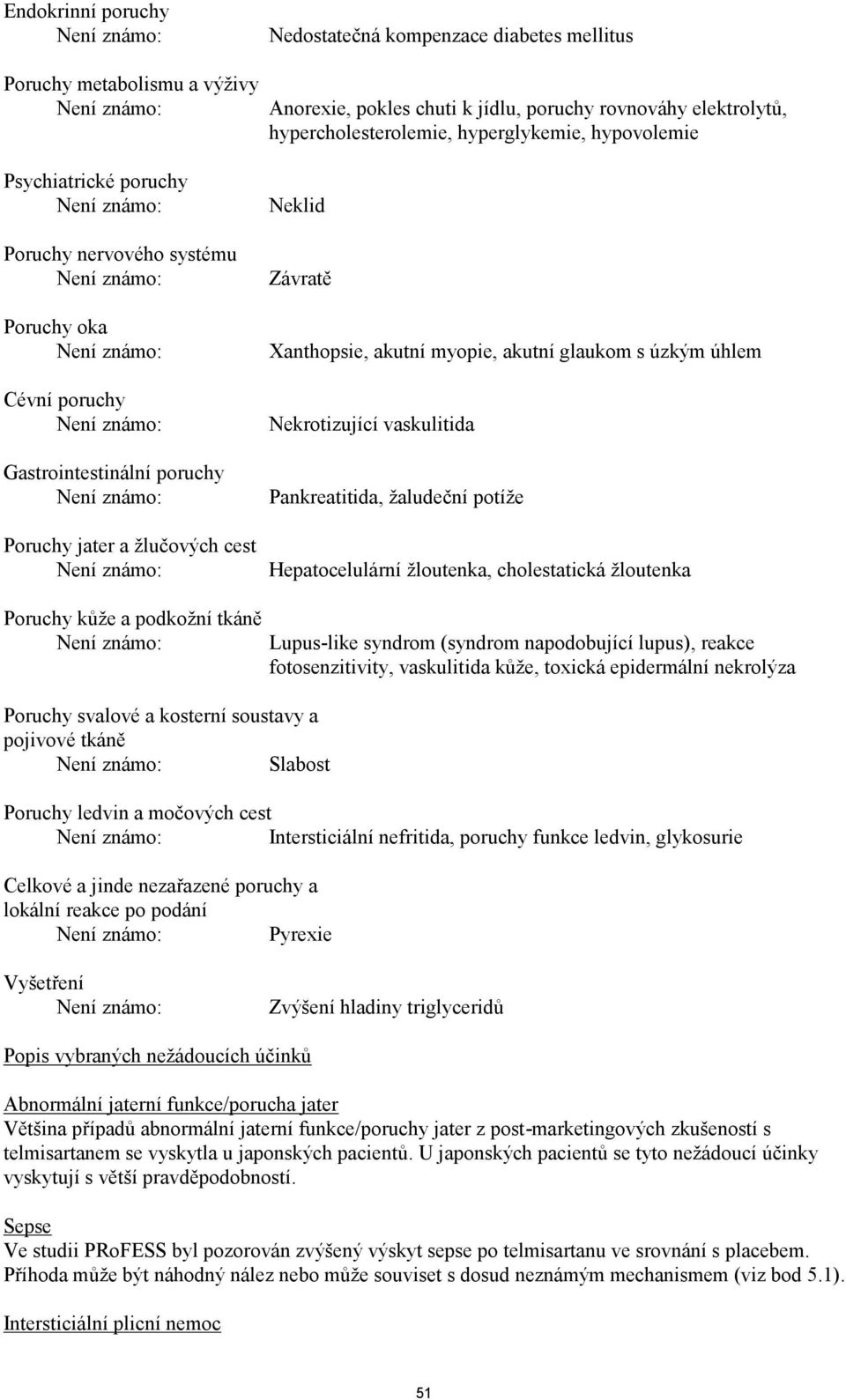 glaukom s úzkým úhlem Nekrotizující vaskulitida Pankreatitida, žaludeční potíže Hepatocelulární žloutenka, cholestatická žloutenka Poruchy kůže a podkožní tkáně Poruchy svalové a kosterní soustavy a