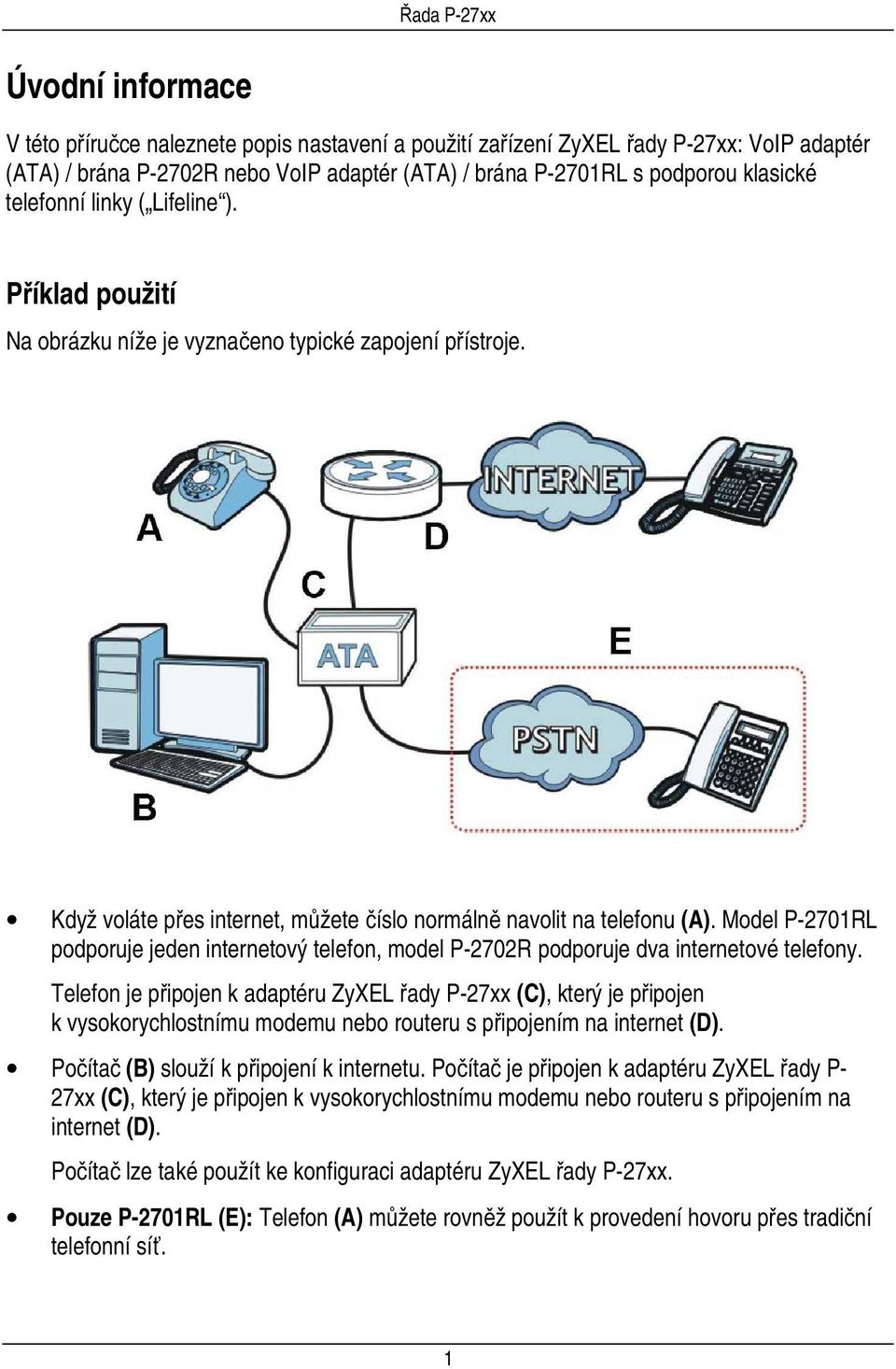 Model P-2701RL podporuje jeden internetový telefon, model P-2702R podporuje dva internetové telefony.