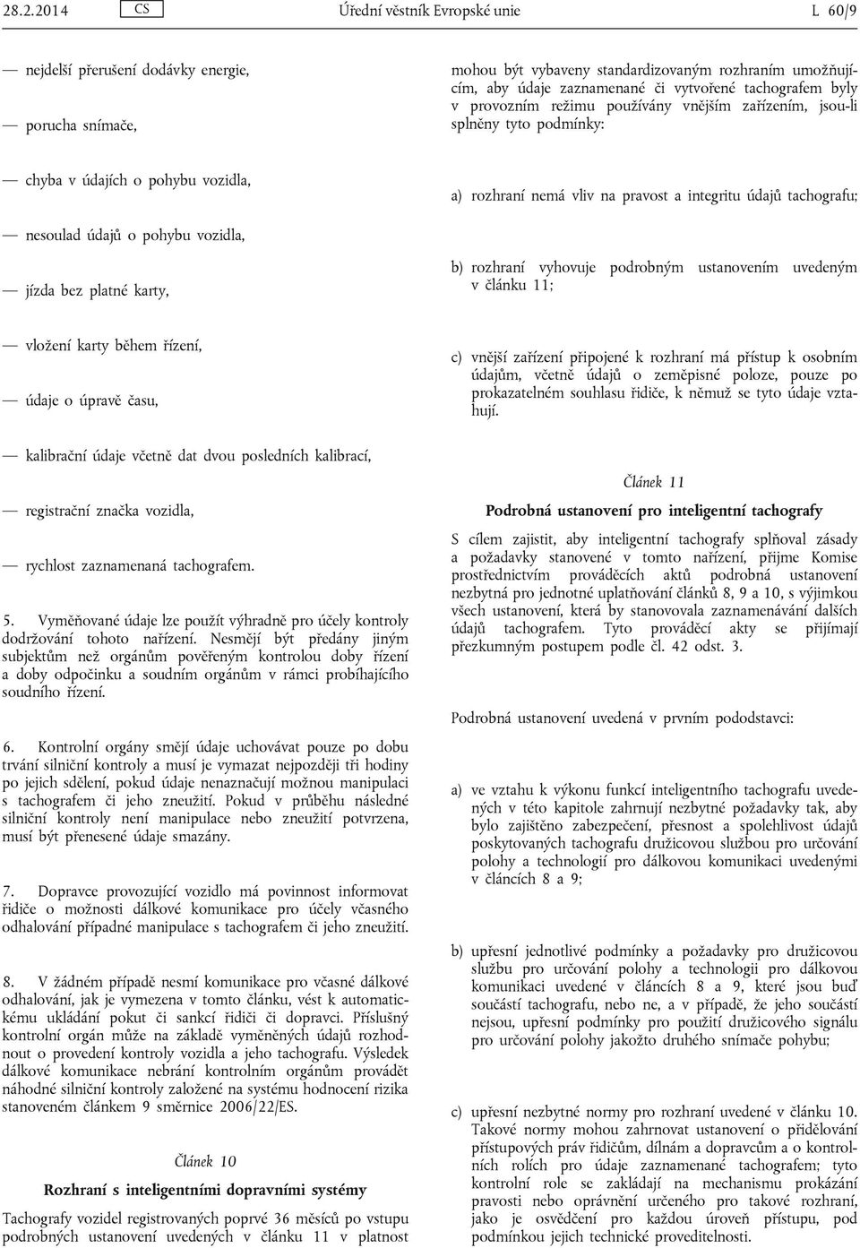 nesoulad údajů o pohybu vozidla, jízda bez platné karty, b) rozhraní vyhovuje podrobným ustanovením uvedeným v článku 11; vložení karty během řízení, údaje o úpravě času, c) vnější zařízení připojené