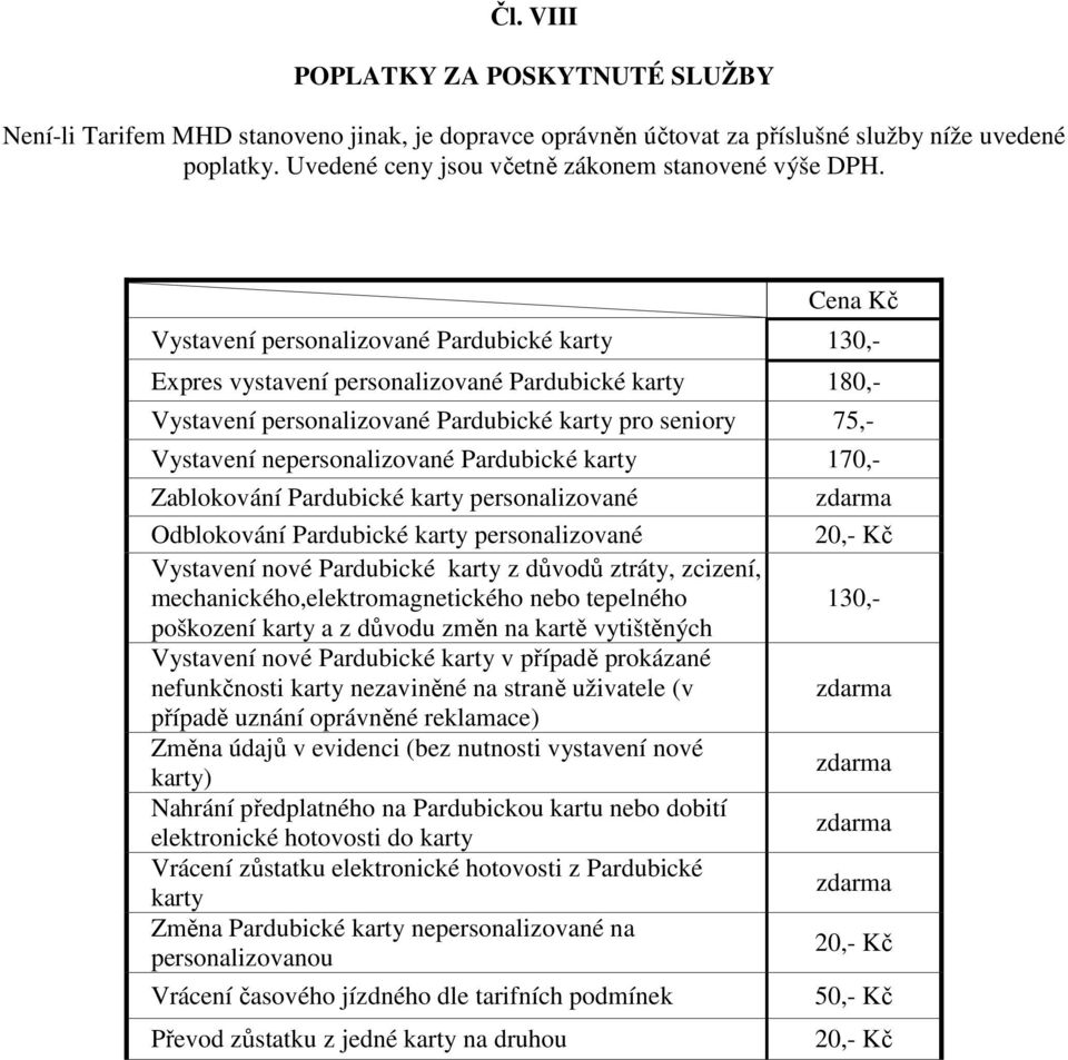 nepersonalizované Pardubické karty 170,- Zablokování Pardubické karty personalizované Odblokování Pardubické karty personalizované Vystavení nové Pardubické karty z důvodů ztráty, zcizení,