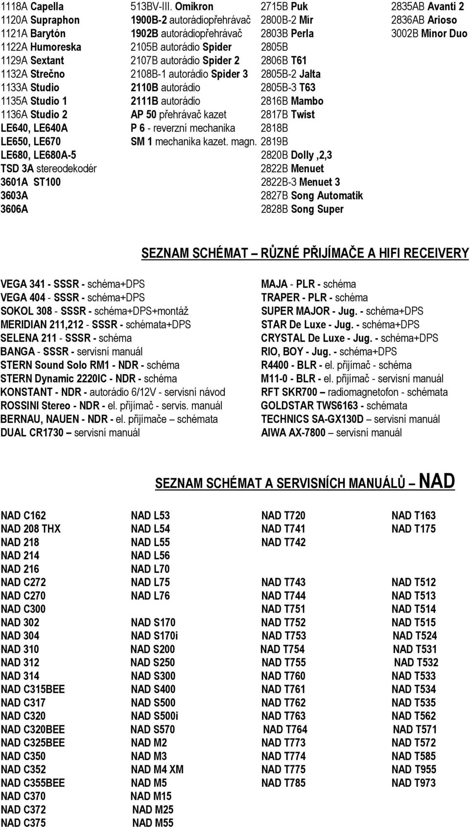 autorádio Spider 2805B 1129A Sextant 2107B autorádio Spider 2 2806B T61 1132A Strečno 2108B-1 autorádio Spider 3 2805B-2 Jalta 1133A Studio 2110B autorádio 2805B-3 T63 1135A Studio 1 2111B autorádio