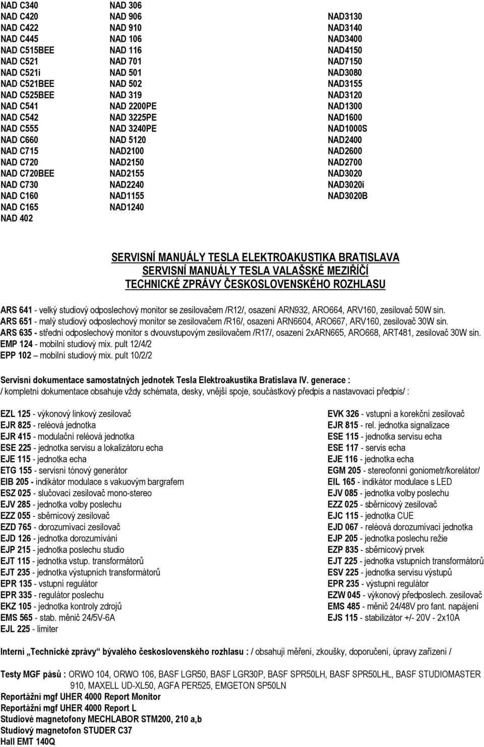 C720BEE NAD2155 NAD3020 NAD C730 NAD2240 NAD3020i NAD C160 NAD1155 NAD3020B NAD C165 NAD1240 NAD 402 SERVISNÍ MANUÁLY TESLA ELEKTROAKUSTIKA BRATISLAVA SERVISNÍ MANUÁLY TESLA VALAŠSKÉ MEZIŘÍČÍ