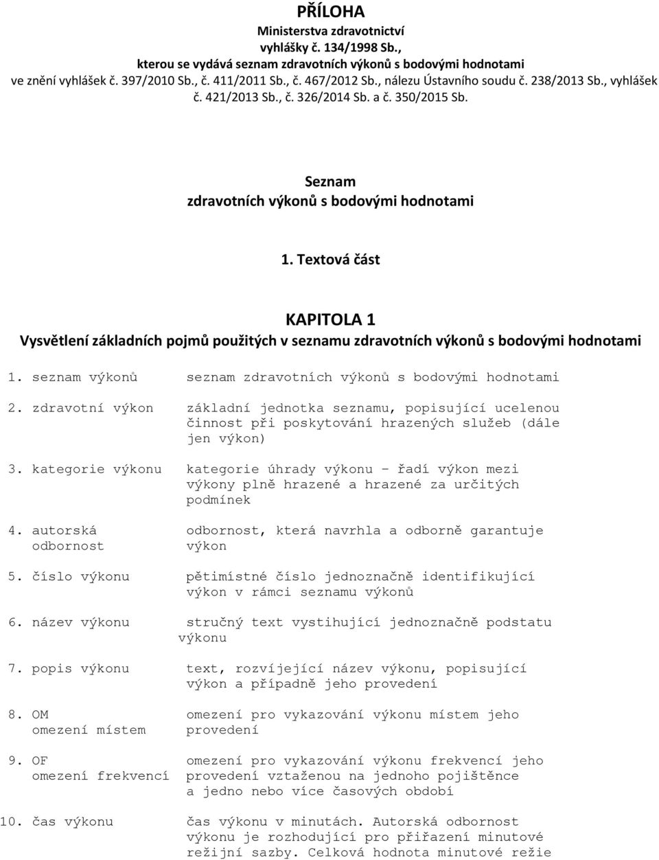 Textová část KAPITOLA 1 Vysvětlení základních pojmů použitých v seznamu zdravotních výkonů s bodovými hodnotami 1. seznam výkonů seznam zdravotních výkonů s bodovými hodnotami 2.