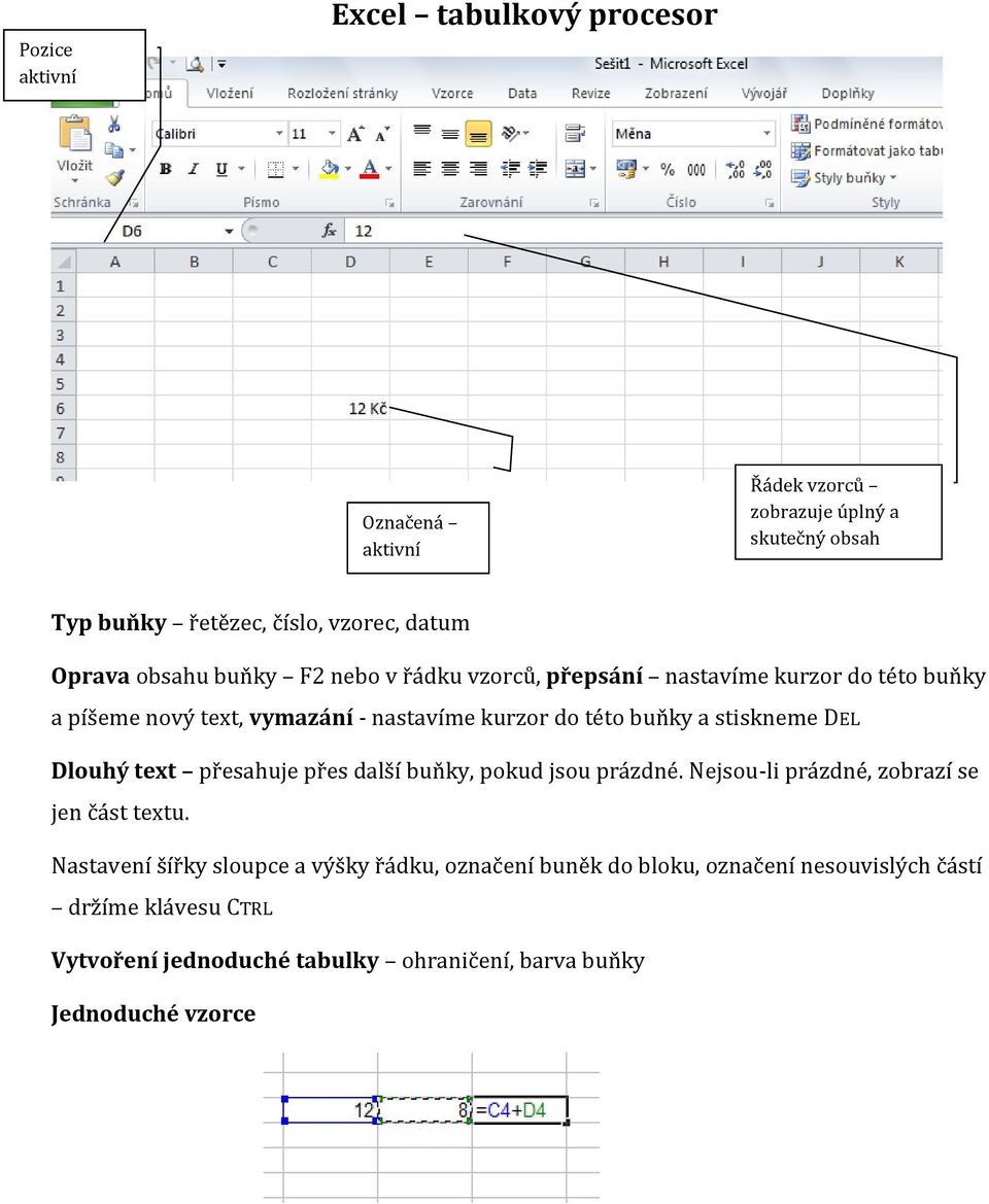 této buňky a stiskneme DEL Dlouhý text přesahuje přes další buňky, pokud jsou prázdné. Nejsou-li prázdné, zobrazí se jen část textu.