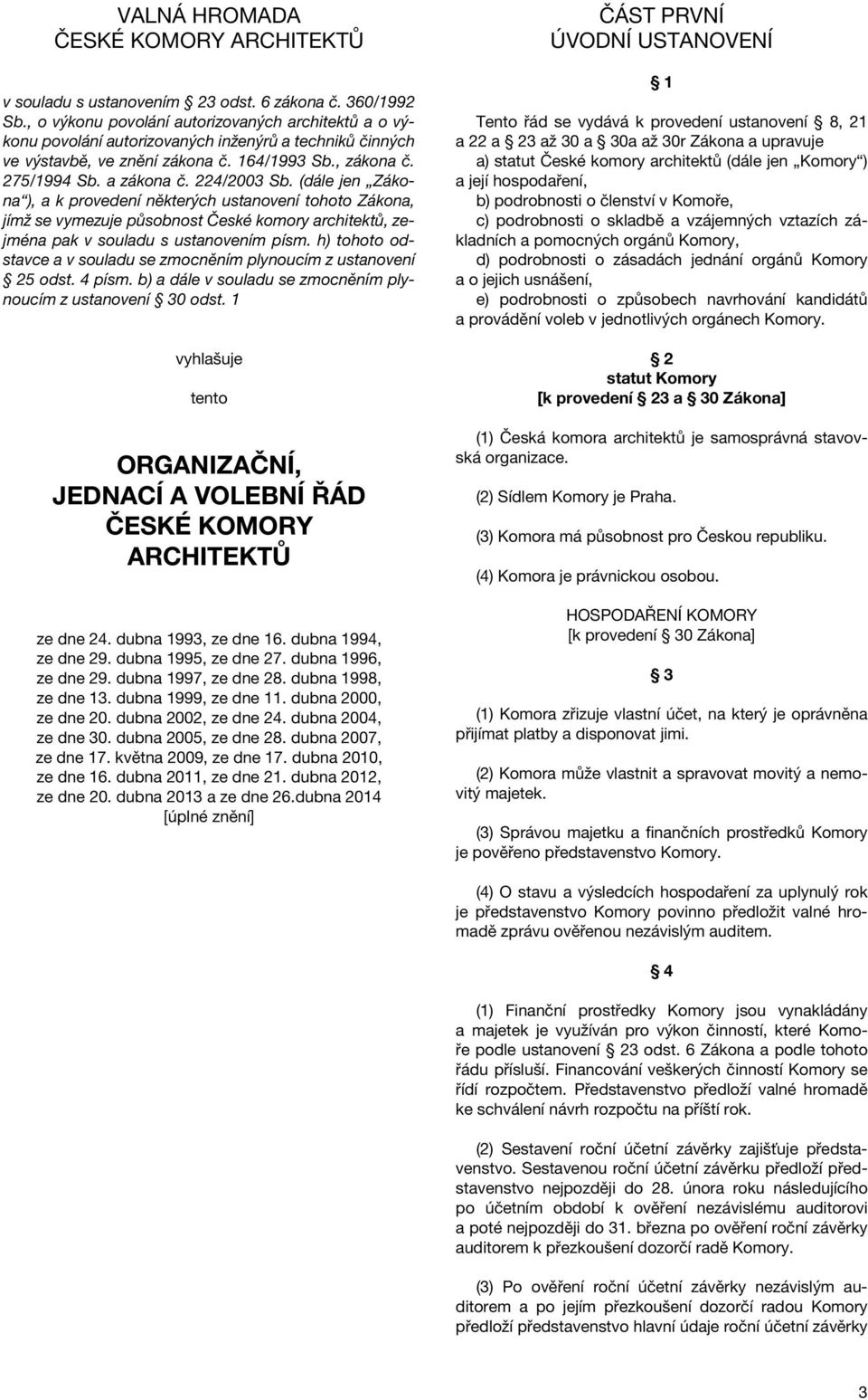 224/2003 Sb. (dále jen Zákona ), a k provedení některých ustanovení tohoto Zákona, jímž se vymezuje působnost České komory architektů, zejména pak v souladu s ustanovením písm.