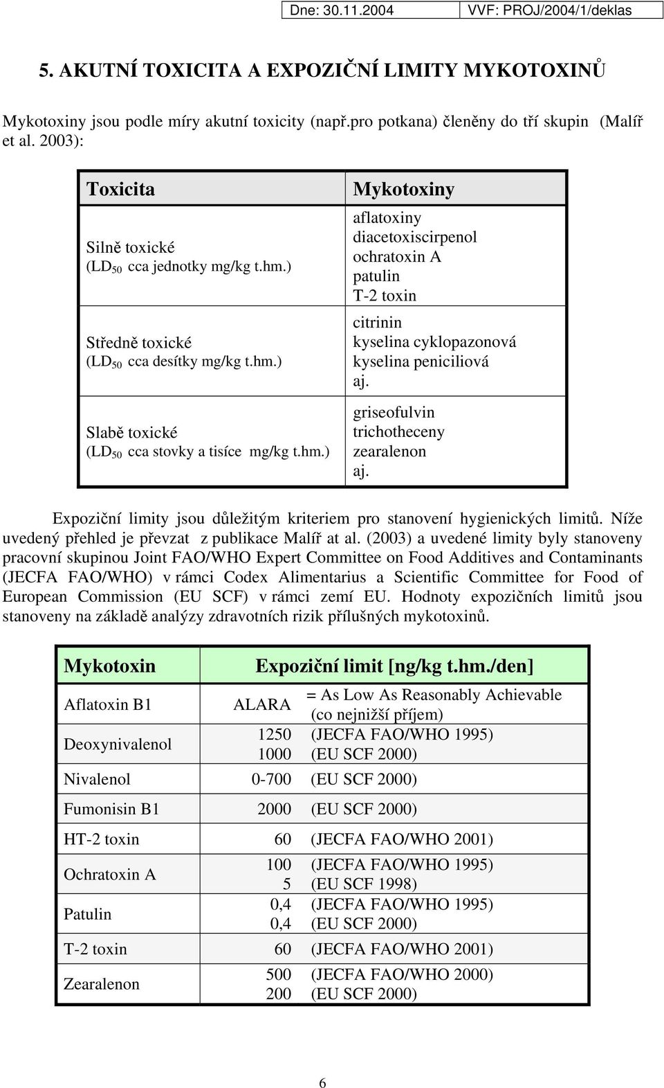 griseofulvin trichotheceny zearalenon aj. Expoziční limity jsou důležitým kriteriem pro stanovení hygienických limitů. Níže uvedený přehled je převzat z publikace Malíř at al.