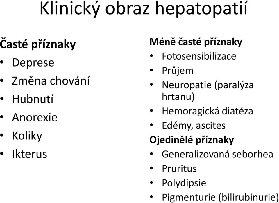 Neuropatie (paralýza hrtanu) Hemoragická diatéza Edémy, ascites Ojedinělé