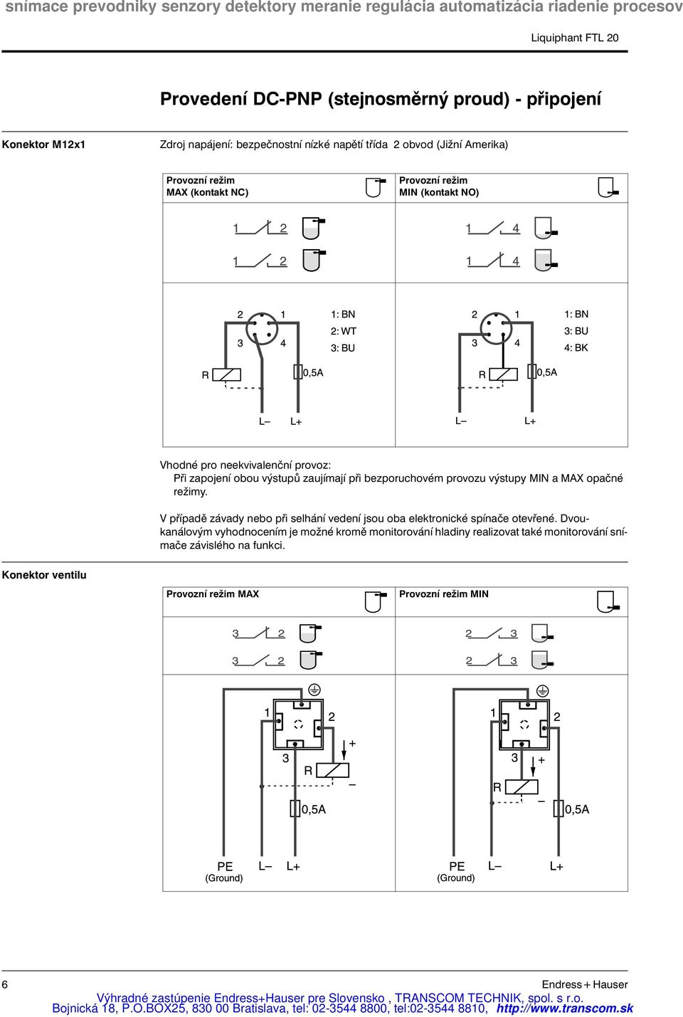 výstupy MIN a MAX opačné režimy. V případě závady nebo při selhání vedení jsou oba elektronické spínače otevřené.
