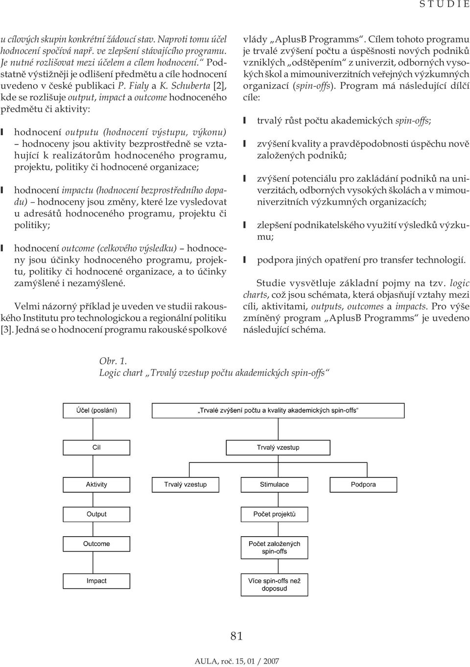 Schuberta [2], kde se rozlišuje output, impact a outcome hodnoceného předmětu či aktivity: hodnocení outputu (hodnocení výstupu, výkonu) hodnoceny jsou aktivity bezprostředně se vztahující k