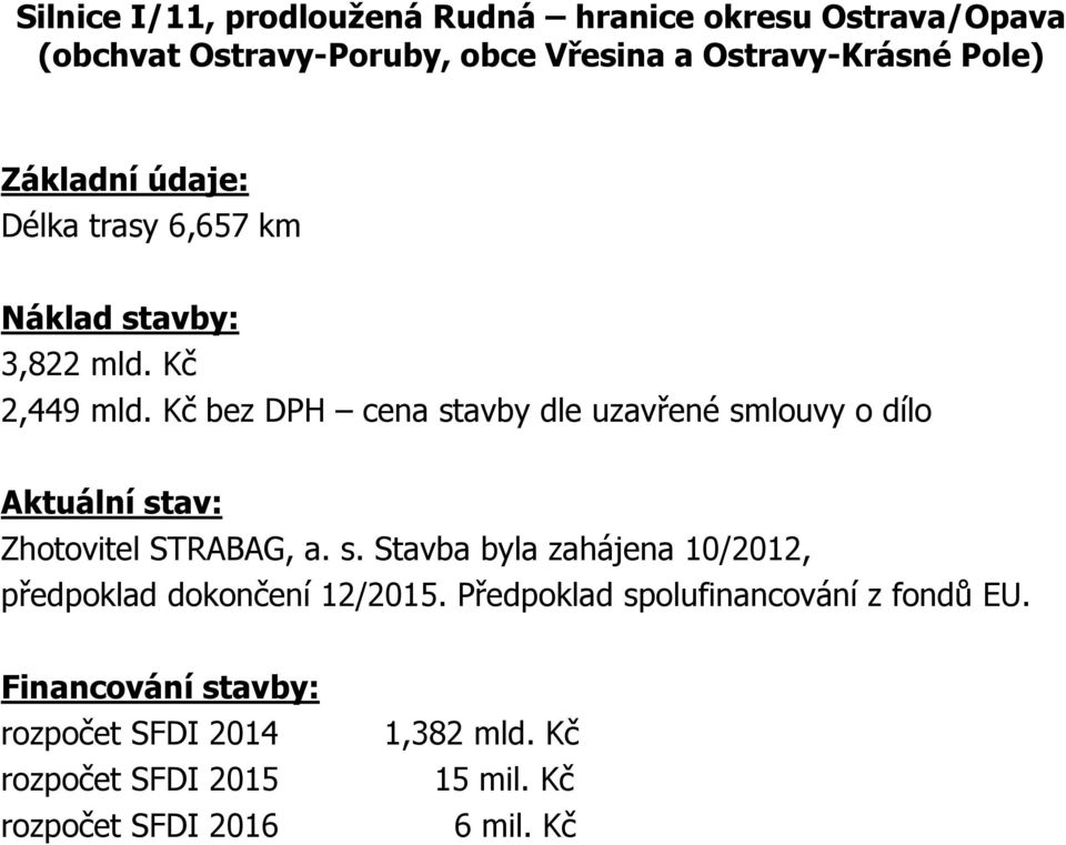 Kč bez DPH cena stavby dle uzavřené smlouvy o dílo Aktuální stav: Zhotovitel STRABAG, a. s. Stavba byla zahájena 10/2012, předpoklad dokončení 12/2015.