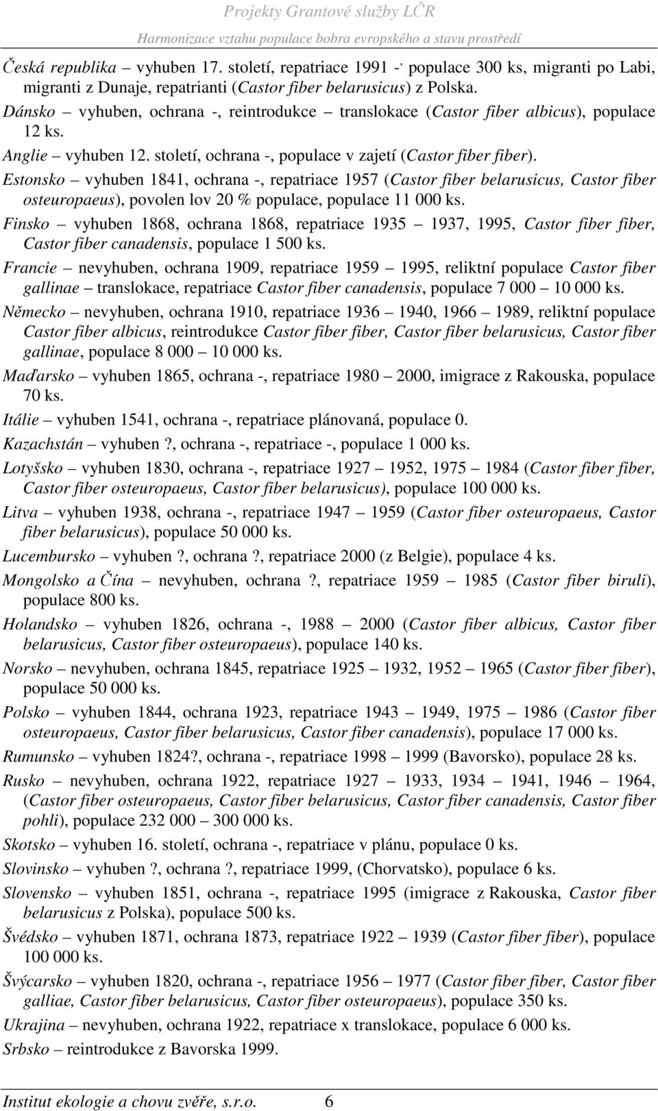 Estonsko vyhuben 1841, ochrana -, repatriace 1957 (Castor fiber belarusicus, Castor fiber osteuropaeus), povolen lov 20 % populace, populace 11 000 ks.