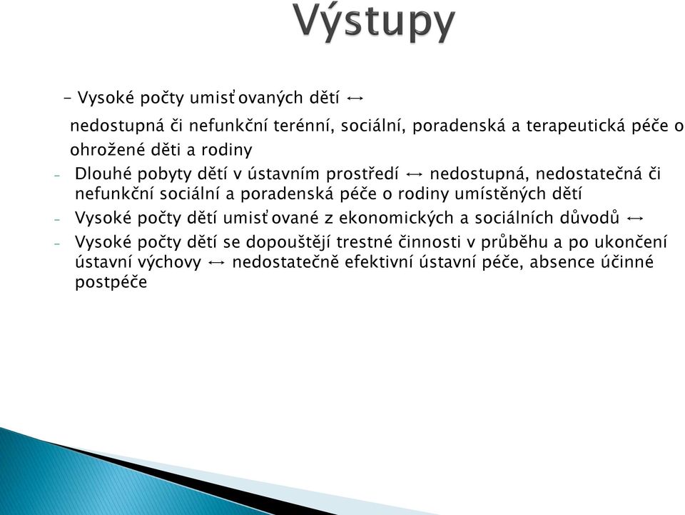 o rodiny umístěných dětí - Vysoké počty dětí umisťované z ekonomických a sociálních důvodů - Vysoké počty dětí se