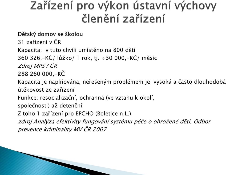 útěkovost ze zařízení Funkce: resocializační, ochranná (ve vztahu k okolí, společnosti) až detenční Z toho 1 zařízení