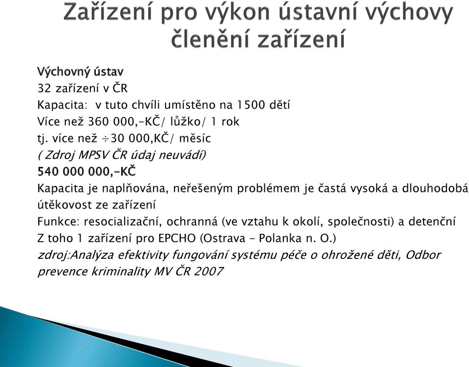 vysoká a dlouhodobá útěkovost ze zařízení Funkce: resocializační, ochranná (ve vztahu k okolí, společnosti) a detenční Z toho 1