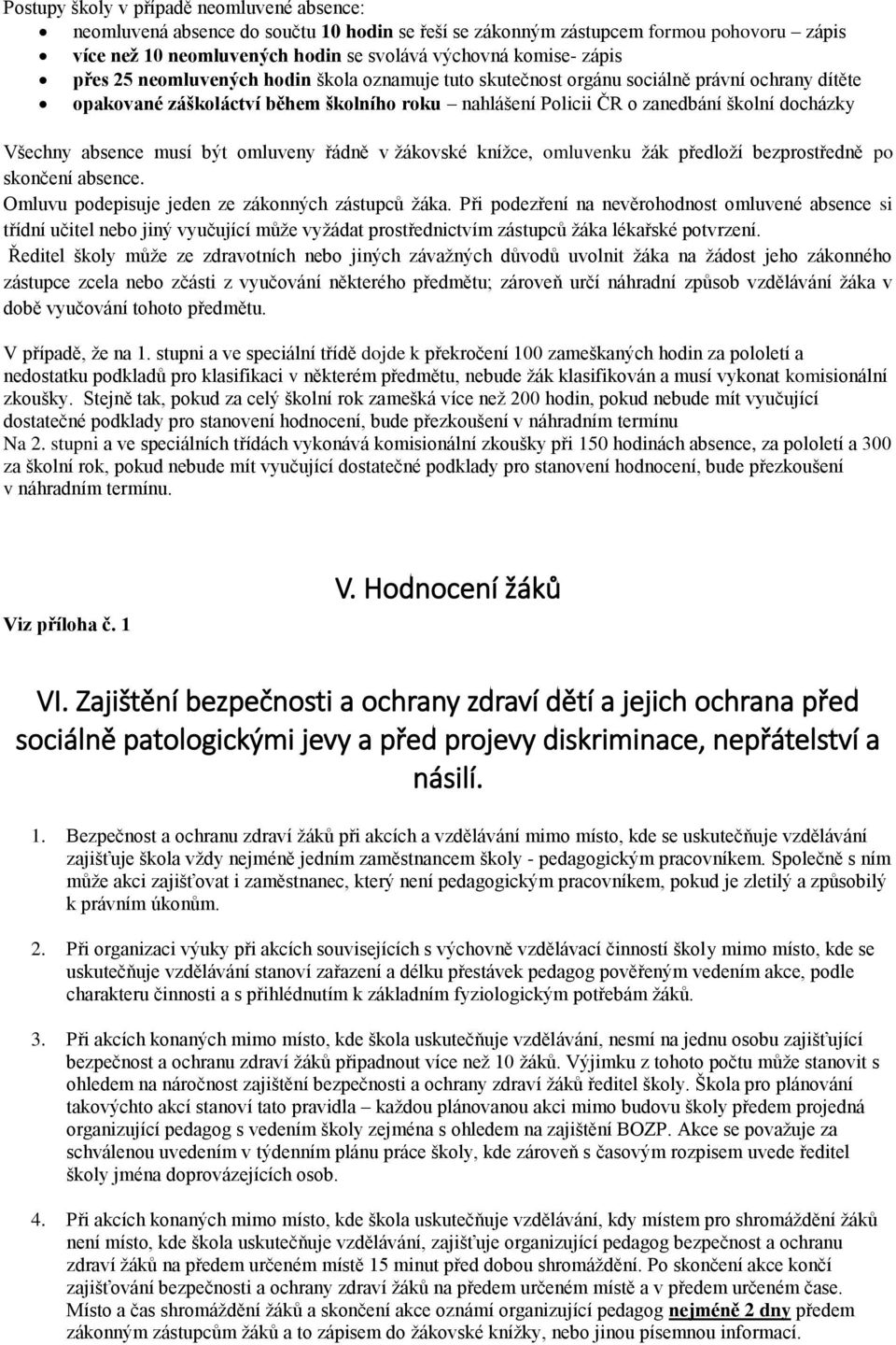 absence musí být omluveny řádně v žákovské knížce, omluvenku žák předloží bezprostředně po skončení absence. Omluvu podepisuje jeden ze zákonných zástupců žáka.