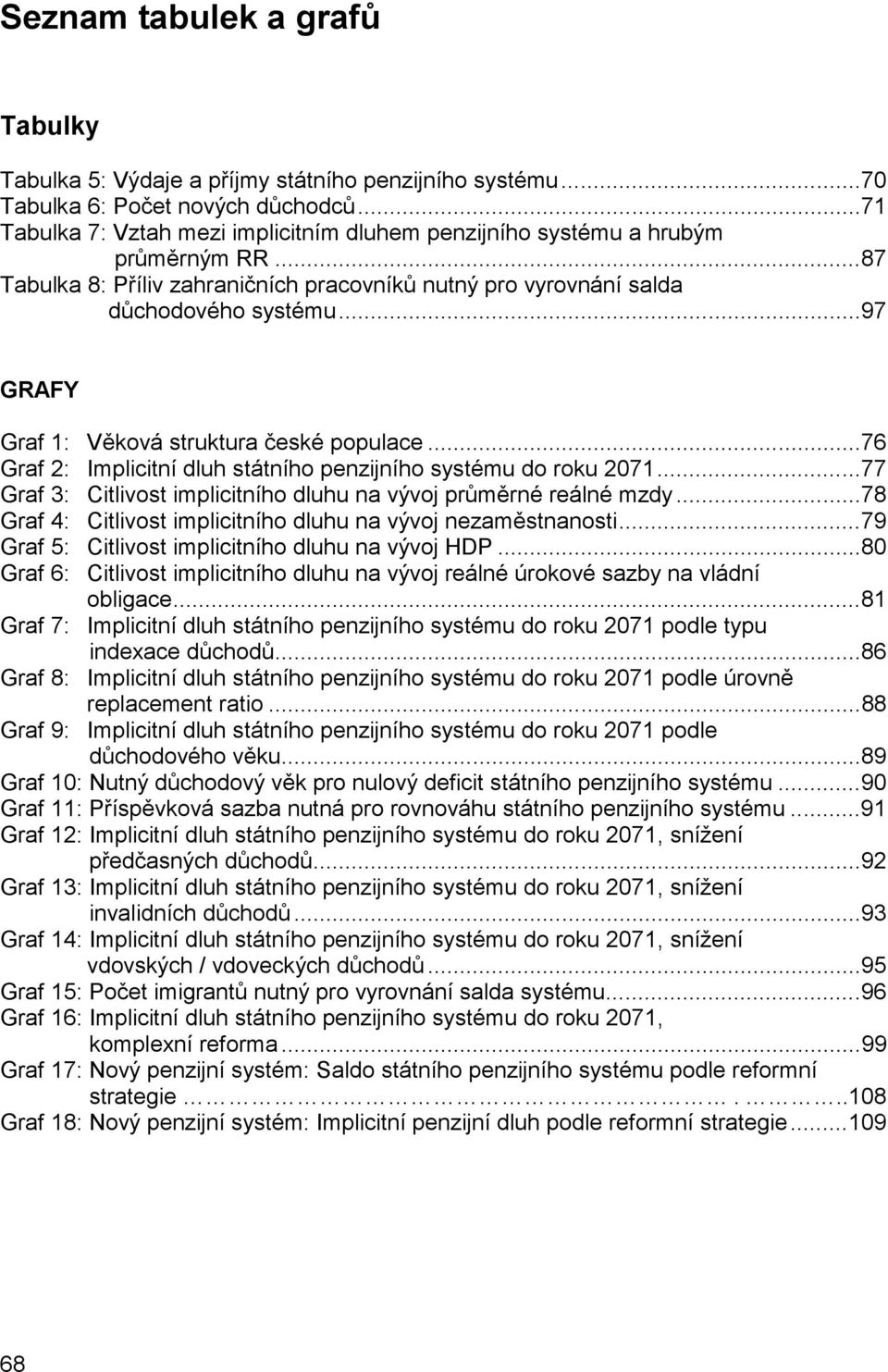 ..97 GRAFY Graf 1: Věková struktura české populace...76 Graf 2: Implicitní dluh státního penzijního systému do roku 2071...77 Graf 3: Citlivost implicitního dluhu na vývoj průměrné reálné mzdy.