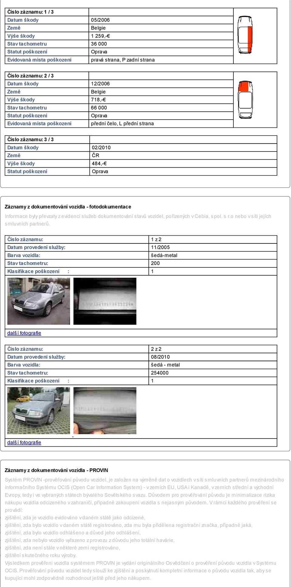 fotodokumentace Informace byly převzaty z evidencí služeb dokumentování stavů vozidel, pořízených v Cebia, spol. s r.o nebo v síti jejích smluvních partnerů.