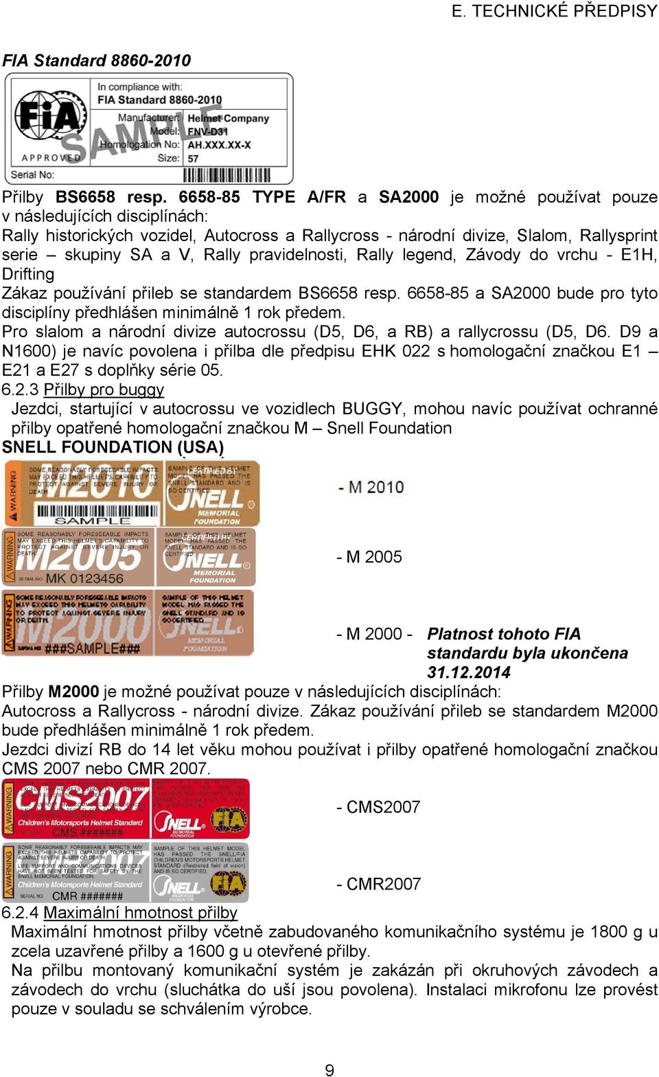 pravidelnosti, Rally legend, Závody do vrchu - E1H, Drifting Zákaz používání přileb se standardem BS6658 resp. 6658-85 a SA2000 bude pro tyto disciplíny předhlášen minimálně 1 rok předem.