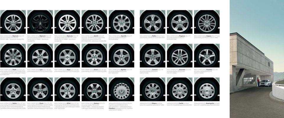 600 008); 7,5J x 18" pro pneu 225/40 R18 (CCH 600 009 pouze pro modely RS) Kolo z lehké slitiny Sputnik 7,0J x 17" pro pneumatiky 225/45 R17 (CCA 600 002) Kolo z lehké slitiny Pallas 7,0J x 17" pro