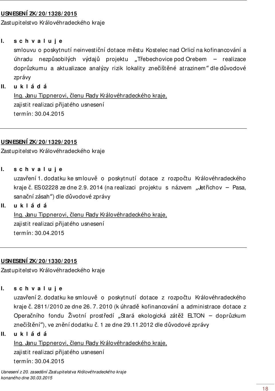 Janu Tippnerovi, členu Rady Královéhradeckého kraje, zajistit realizaci přijatého usnesení USNESENÍ ZK/20/1329/2015 uzavření 1.