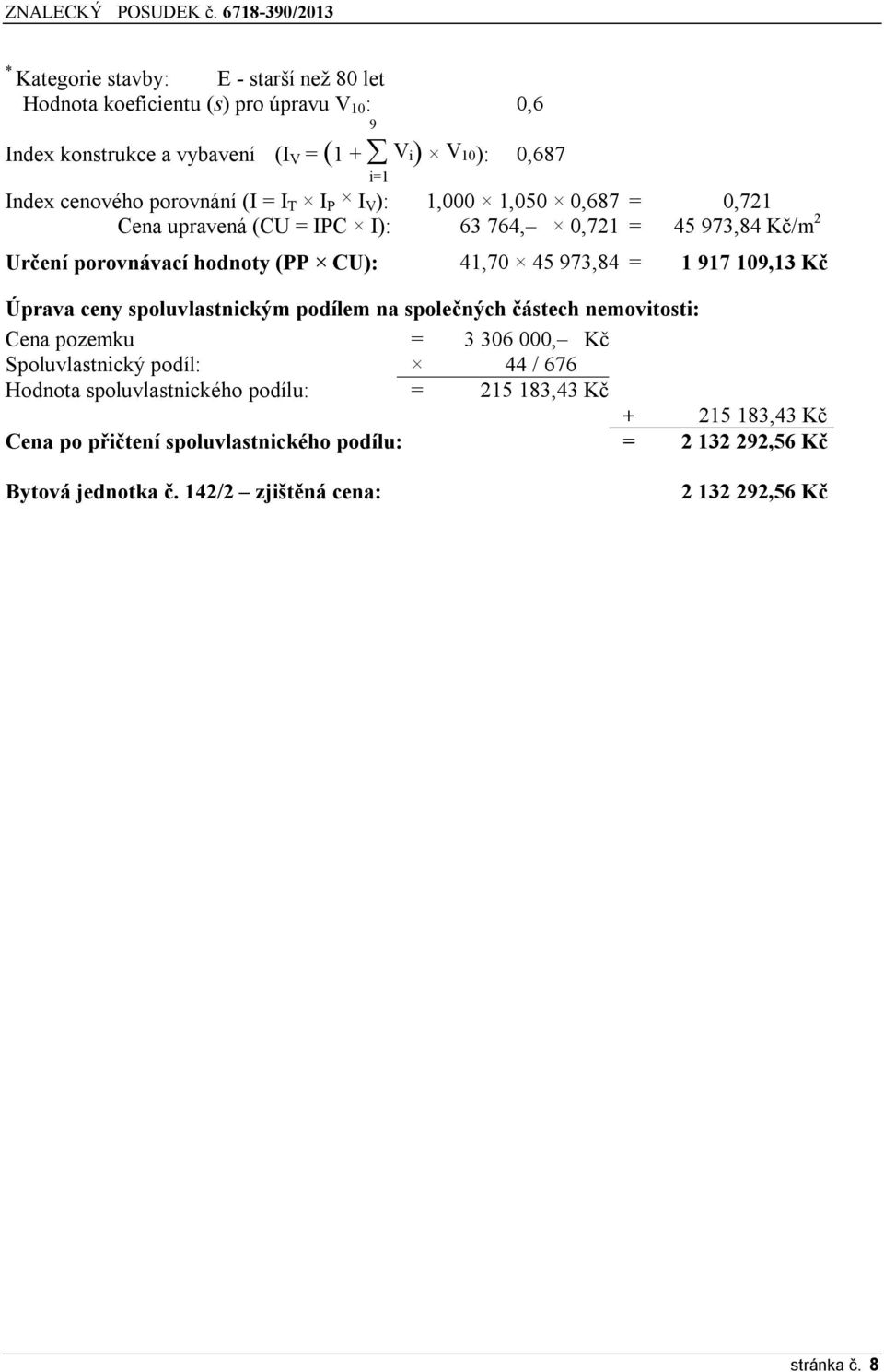 1 917 109,13 Kč Úprava ceny spoluvlastnickým podílem na společných částech nemovitosti: Cena pozemku = 3 306 000, Kč Spoluvlastnický podíl: 44 / 676 Hodnota