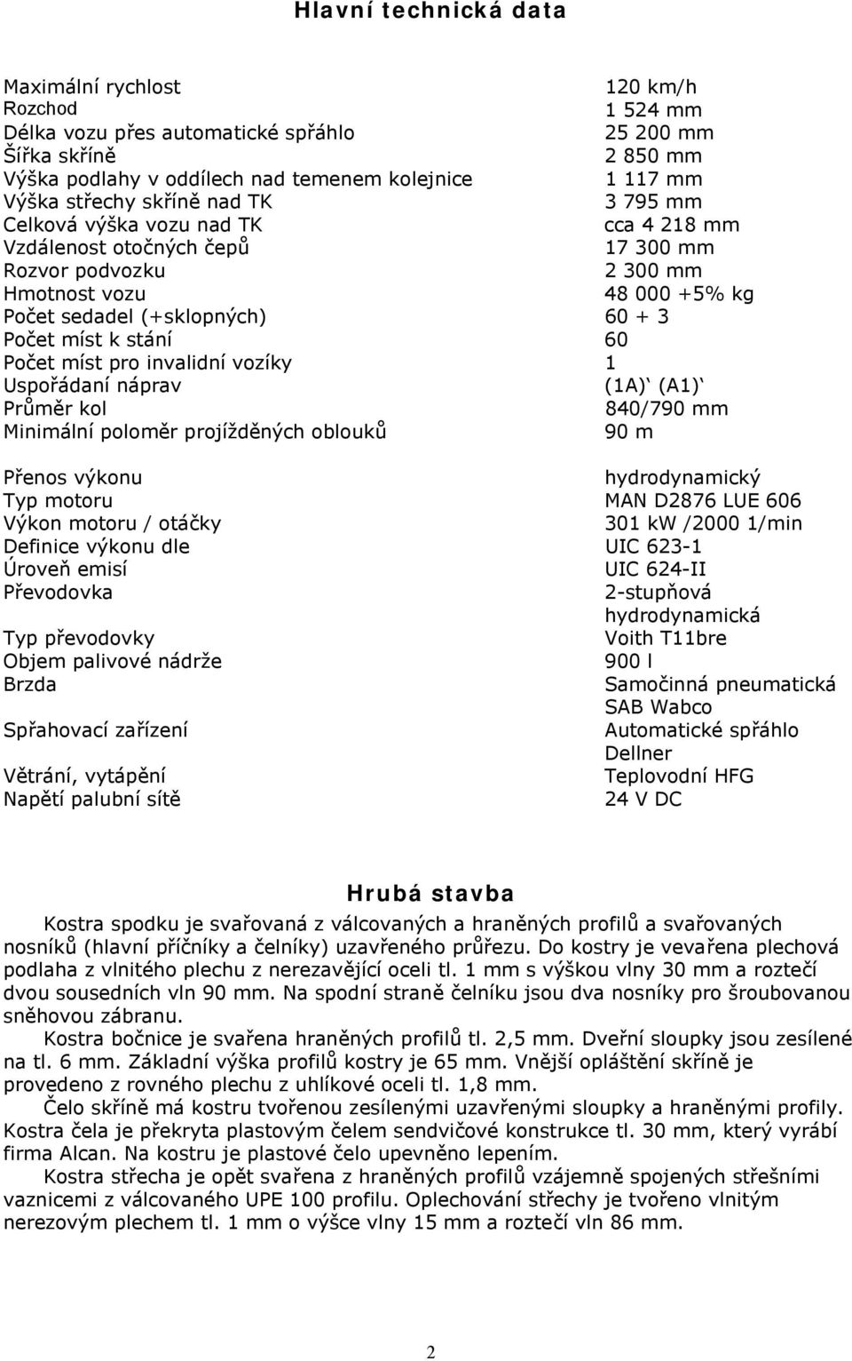 míst k stání 60 Počet míst pro invalidní vozíky 1 Uspořádaní náprav (1A) (A1) Průměr kol 840/790 mm Minimální poloměr projížděných oblouků 90 m Přenos výkonu hydrodynamický Typ motoru MAN D2876 LUE