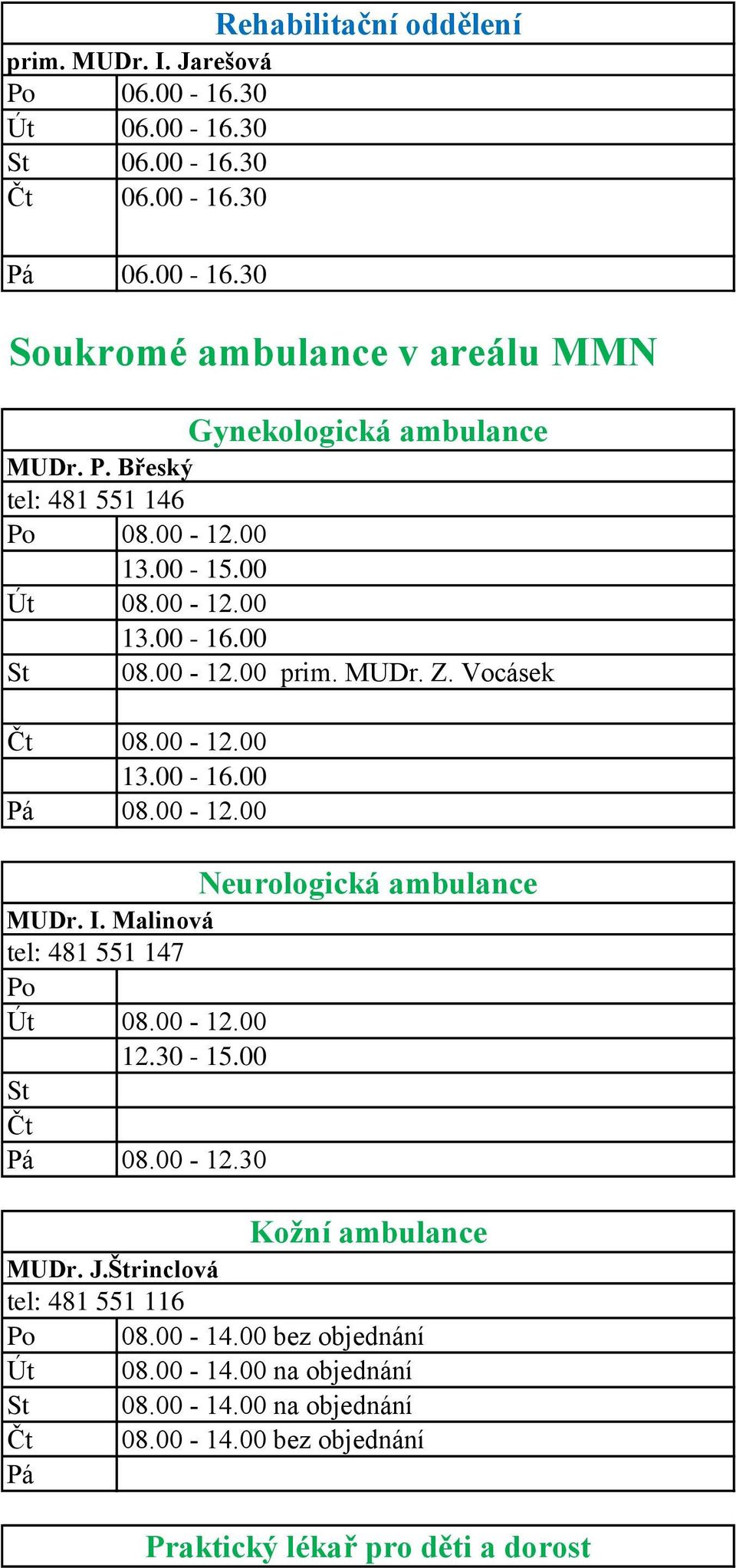 I. Malinová tel: 481 551 147 08.00-12.00 12.30-15.00 08.00-12.30 Kožní ambulance MUDr. J.Štrinclová tel: 481 551 116 08.00-14.00 bez objednání 08.