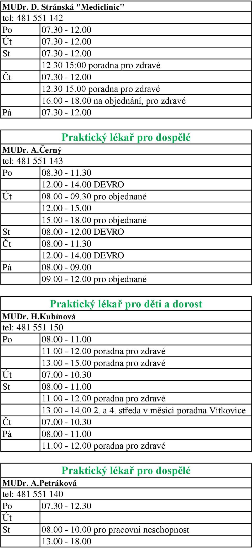 00-12.00 pro objednané Praktický lékař pro děti a dorost MUDr. H.Kubínová tel: 481 551 150 08.00-11.00 11.00-12.00 poradna pro zdravé 13.00-15.00 poradna pro zdravé 07.00-10.30 08.00-11.00 11.00-12.00 poradna pro zdravé 13.00-14.