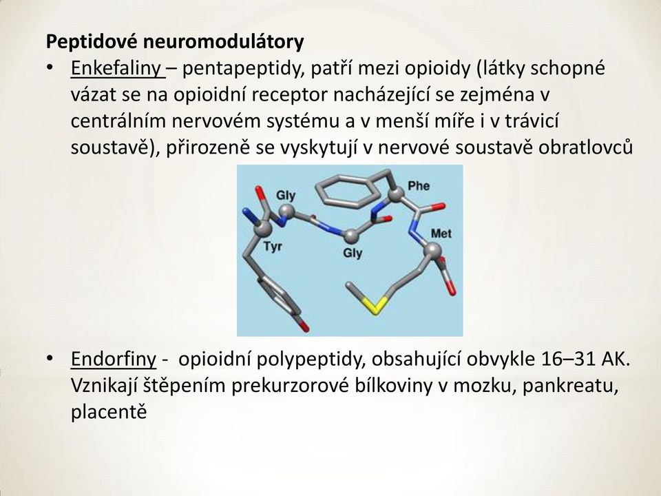 soustavě), přirozeně se vyskytují v nervové soustavě obratlovců Endorfiny - opioidní polypeptidy,