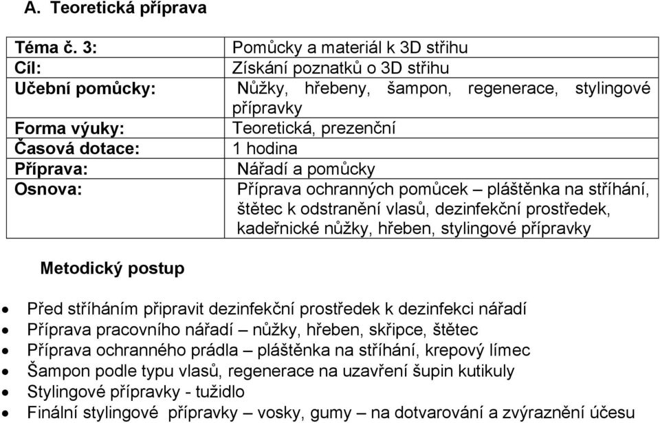 Teoretická, prezenční 1 hodina Nářadí a pomůcky Příprava ochranných pomůcek pláštěnka na stříhání, štětec k odstranění vlasů, dezinfekční prostředek, kadeřnické nůžky, hřeben, stylingové přípravky