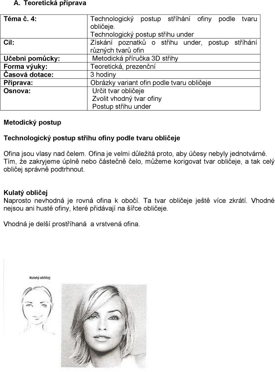 obličeje Určit tvar obličeje Zvolit vhodný tvar ofiny Postup střihu under Metodický postup Technologický postup střihu ofiny podle tvaru obličeje Ofina jsou vlasy nad čelem.