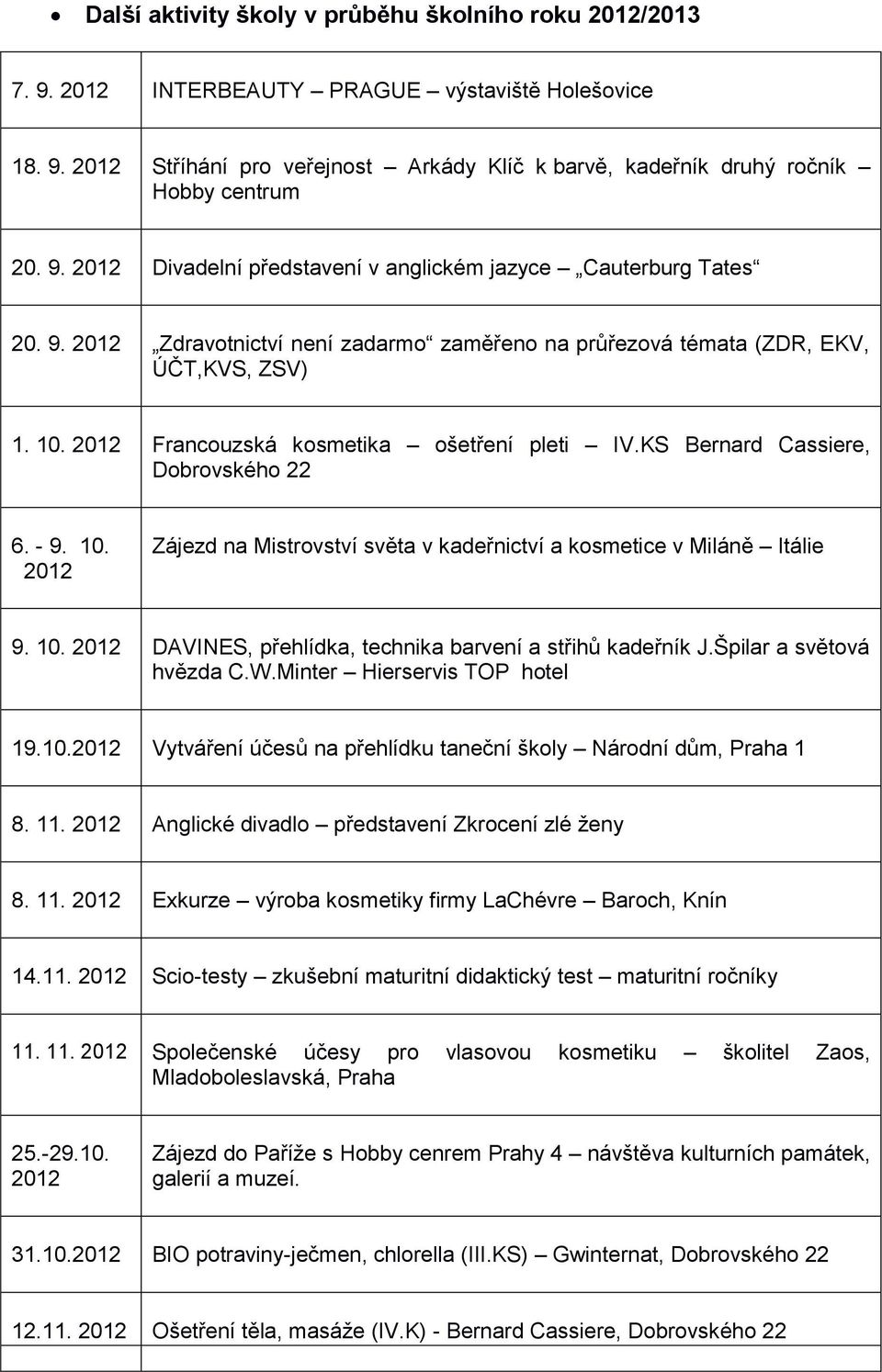2012 Francouzská kosmetika ošetření pleti IV.KS Bernard Cassiere, Dobrovského 22 6. - 9. 10. 2012 Zájezd na Mistrovství světa v kadeřnictví a kosmetice v Miláně Itálie 9. 10. 2012 DAVINES, přehlídka, technika barvení a střihů kadeřník J.