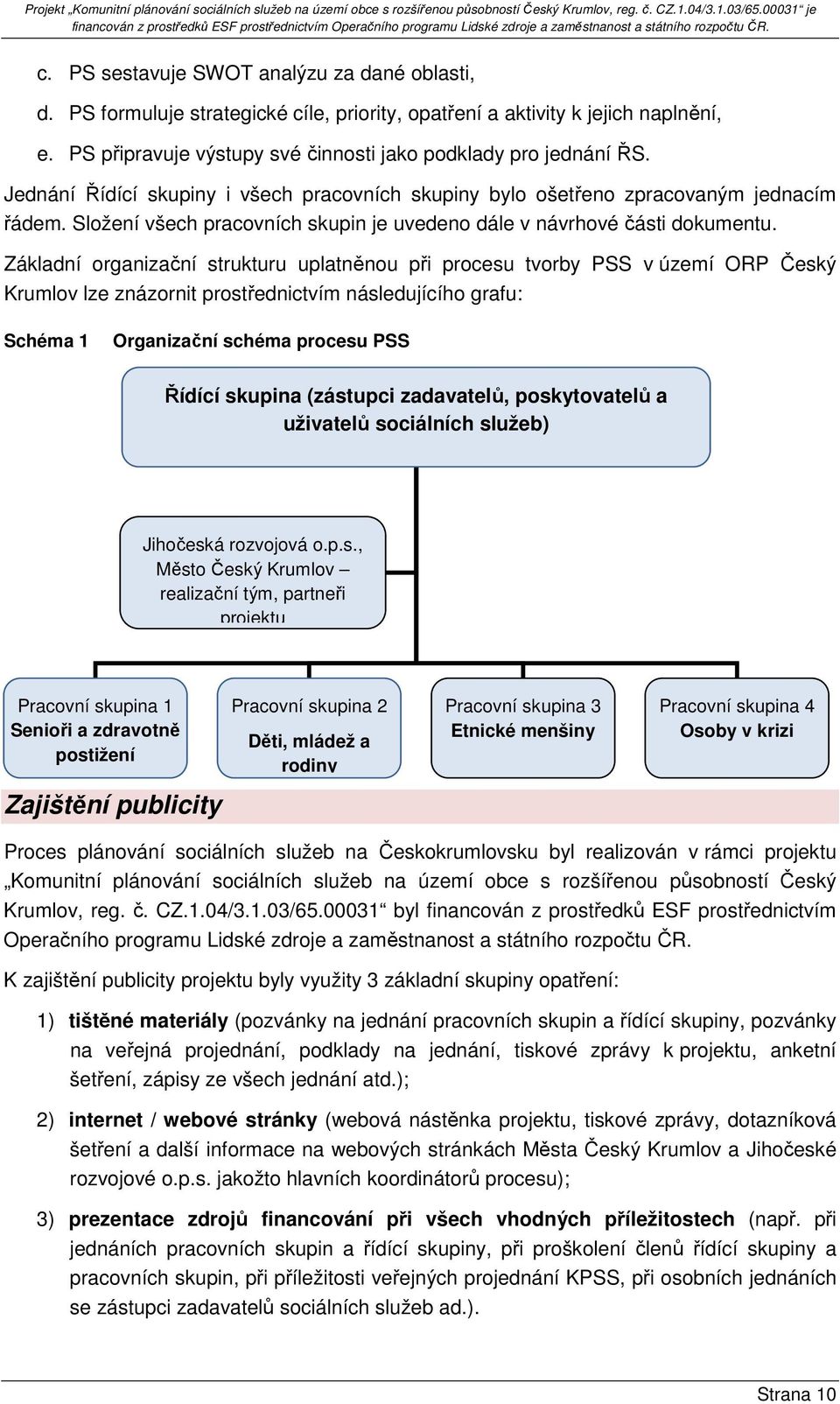 Základní organizační strukturu uplatněnou při procesu tvorby PSS v území ORP Český Krumlov lze znázornit prostřednictvím následujícího grafu: Schéma 1 Organizační schéma procesu PSS Řídící skupina