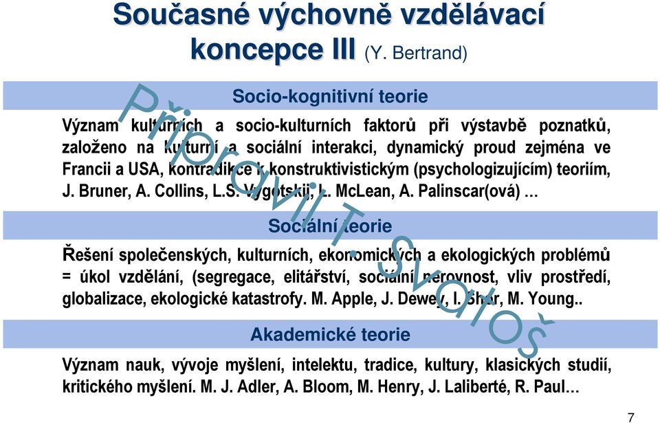 kontradikce k konstruktivistickým (psychologizujícím) teoriím, J. Bruner, A. Collins, L.S. Vygotskij, L. McLean, A.