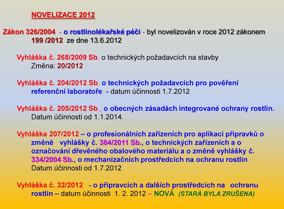 , o obecných zásadách integrované ochrany rostlin. Datum účinnosti od 1.1.2014. Vyhláška 207/2012 o profesionálních zařízeních pro aplikaci přípravků o změně vyhlášky č. 384/2011 Sb.