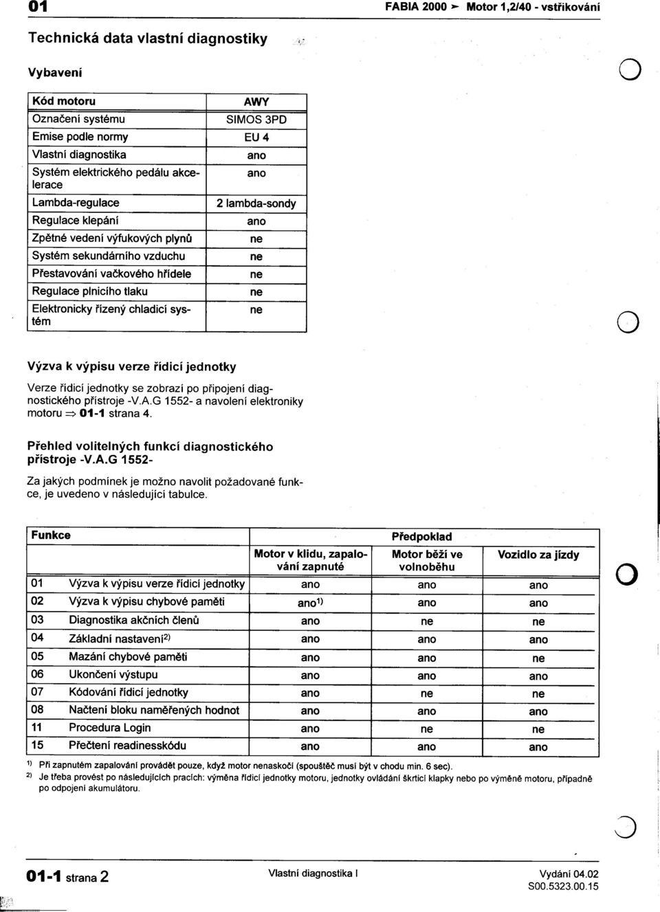 Elektronicky øízený chladicí sys- ne tém Výzva k výpisu verze øídicí jednotky Verze øidicí jednotky se zobrazi po pøipojení diagnostického pøístroje -V.A.