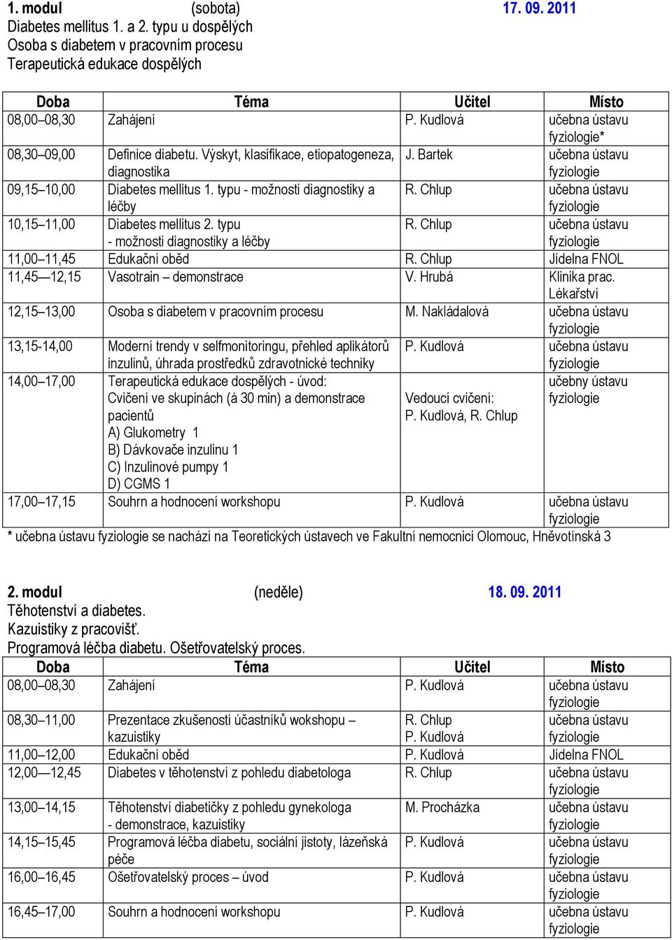 typu - možnosti diagnostiky a léčby 11,00 11,45 Edukační oběd Jídelna FNOL 11,45 12,15 Vasotrain demonstrace V. Hrubá Klinika prac. Lékařství 12,15 13,00 Osoba s diabetem v pracovním procesu M.