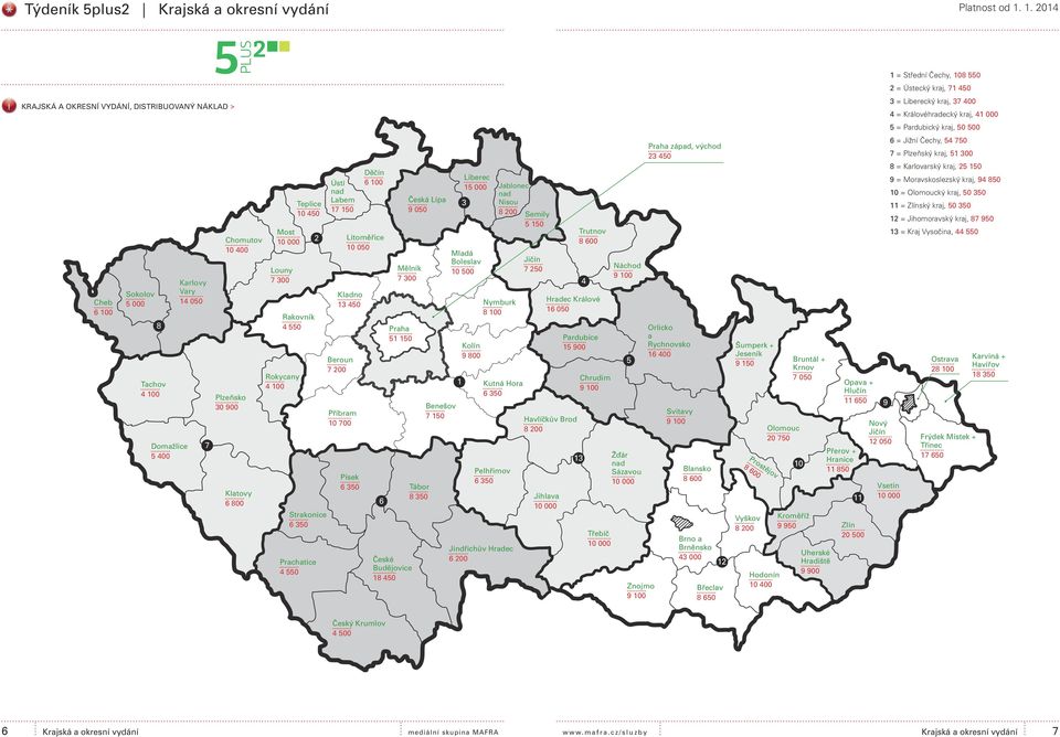 450 Beroun 7 200 Příbram 10 700 Mělník 7 300 Praha 51 150 Písek 6 350 Tábor 8 350 6 České Budějovice 18 450 Česká Lípa 9 050 Benešov 7 150 Liberec 15 000 Jablonec nad 3 Nisou 8 200 Semily 5 150 Mladá