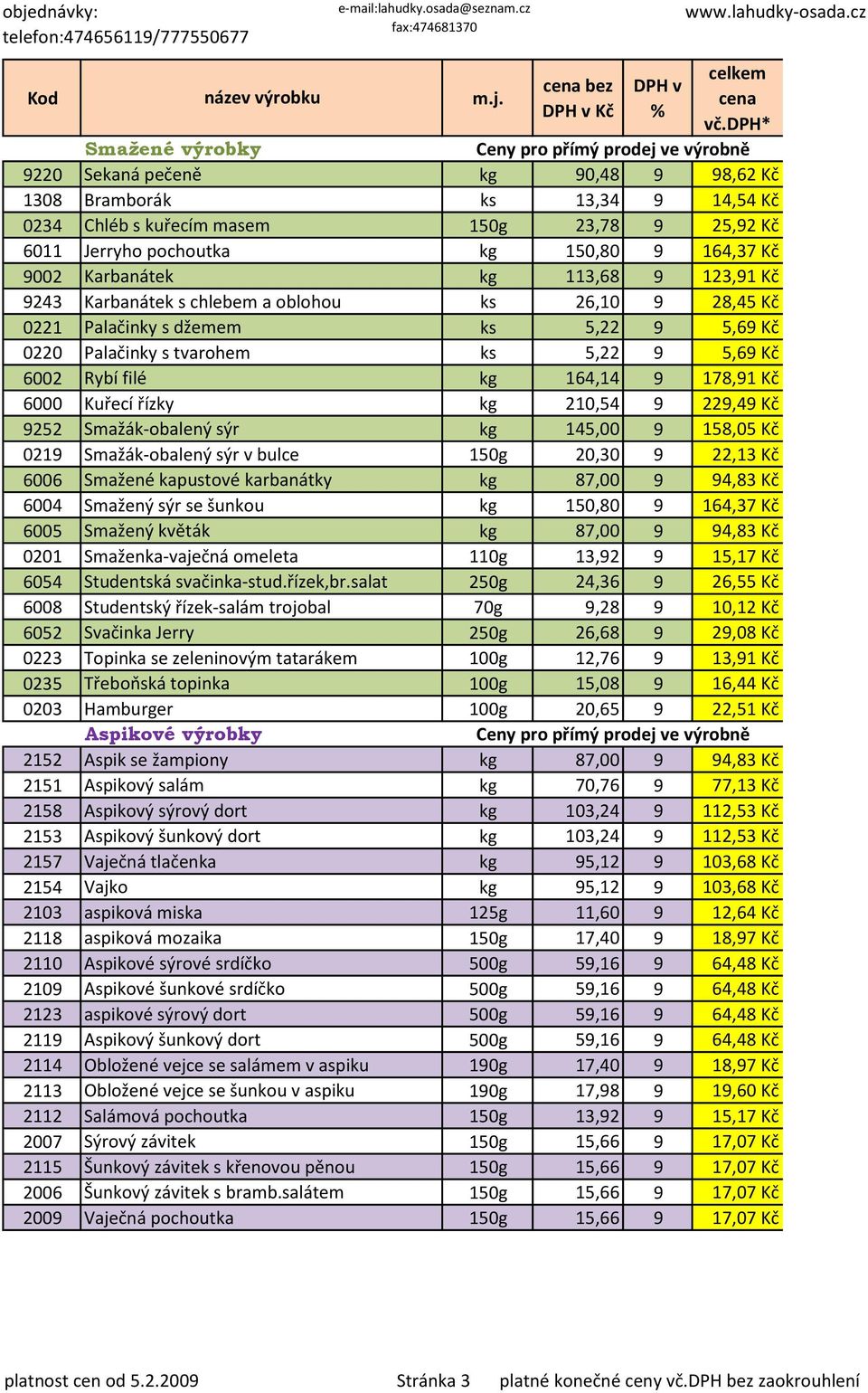 Kč 6000 Kuřecí řízky kg 210,54 9 229,49 Kč 9252 Smažák-obalený sýr kg 145,00 9 158,05 Kč 0219 Smažák-obalený sýr v bulce 150g 20,30 9 22,13 Kč 6006 Smažené kapustové karbanátky kg 87,00 9 94,83 Kč