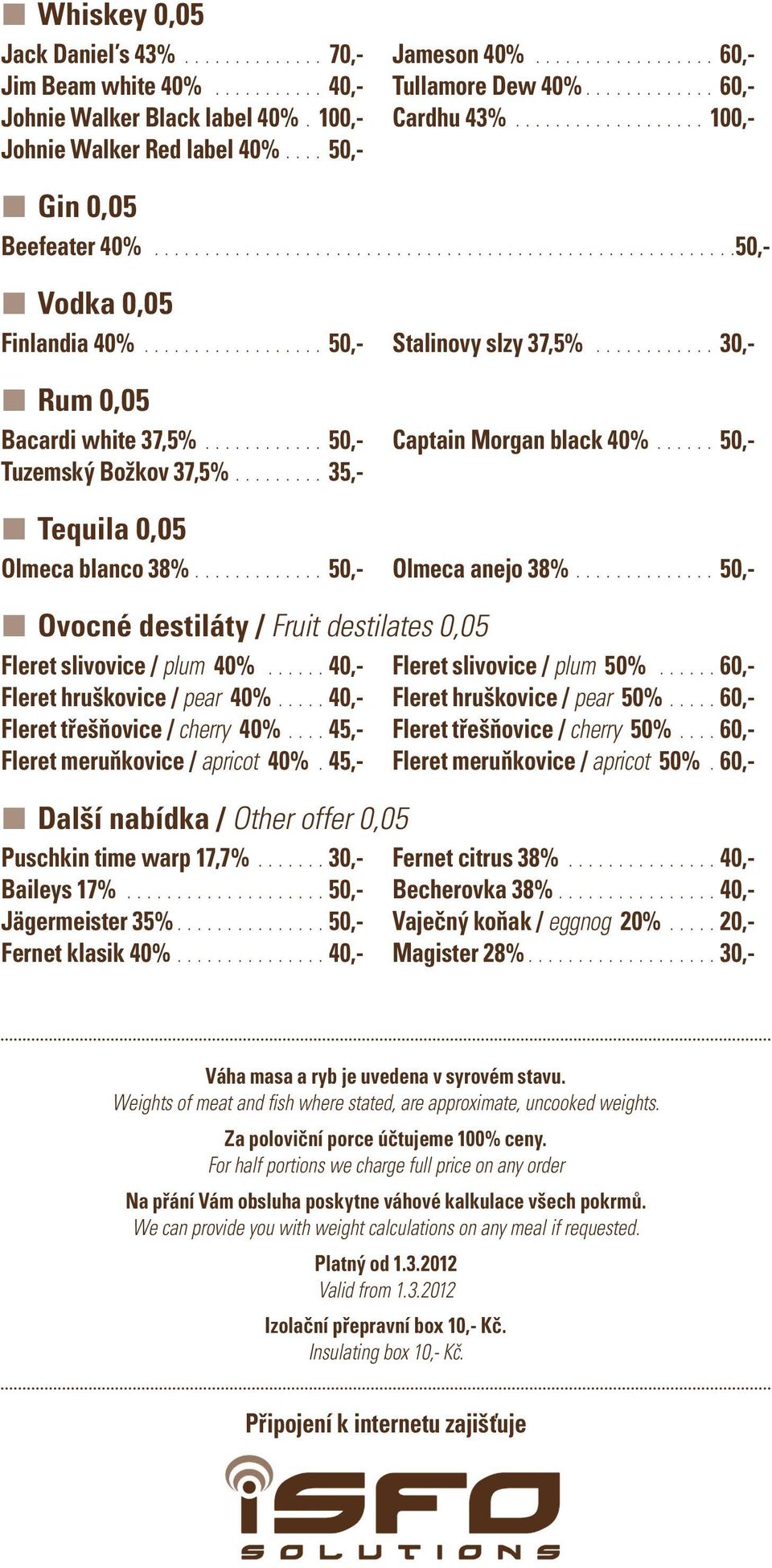 ........... 30,- Rum 0,05 Bacardi white 37,5%............ 50,- Tuzemský Božkov 37,5%......... 35,- Captain Morgan black 40%...... 50,- Tequila 0,05 Olmeca blanco 38%............. 50,- Olmeca anejo 38%.